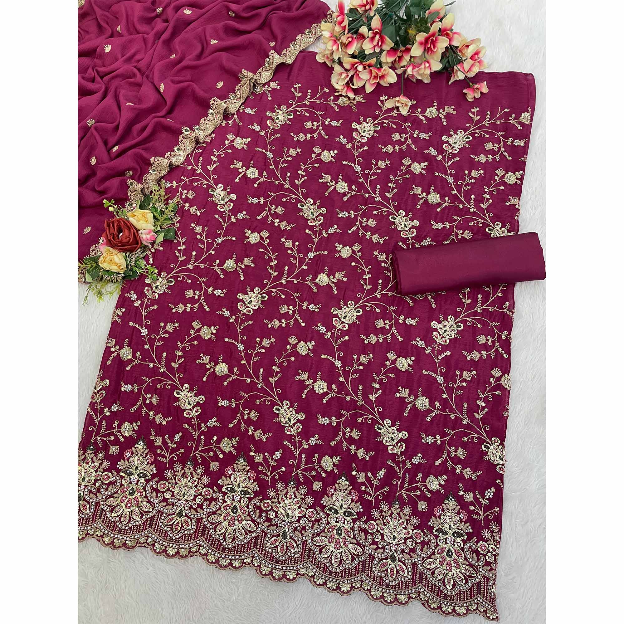 Embroidered Dark Magenta Semi Stitched Suit With A Touch of Sequin & Studded Zarkan Work
