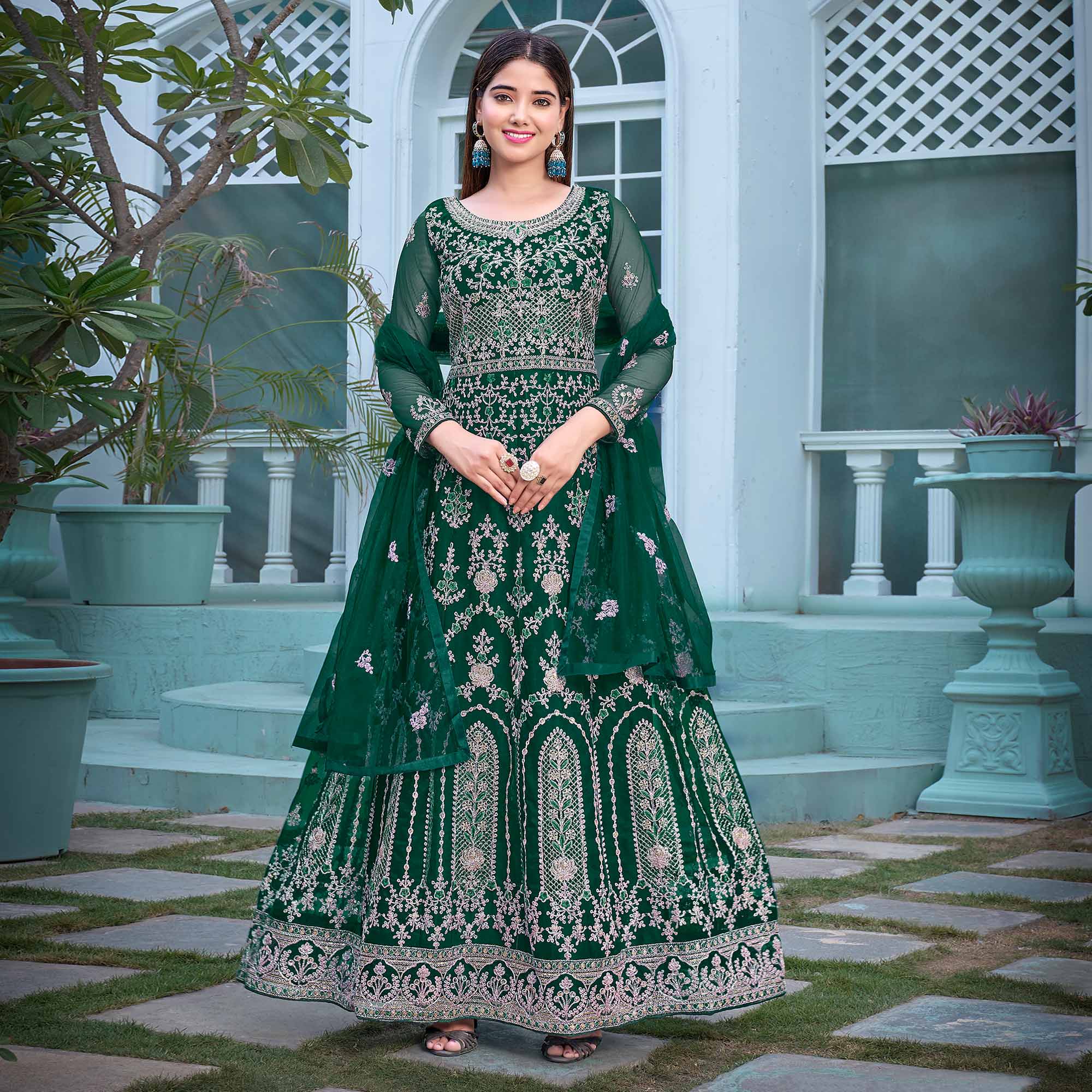 Green Floral Embroidered Net Semi Stitched Anarkali Suit