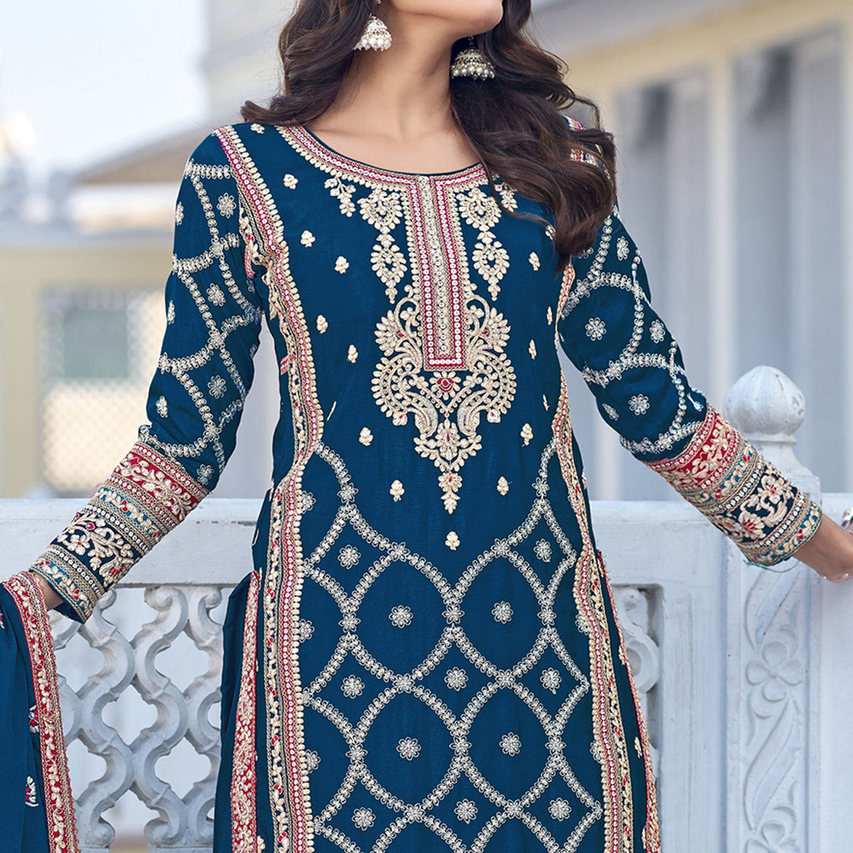 Blue Floral Embroidered Chinon Silk Semi Stitched Suit