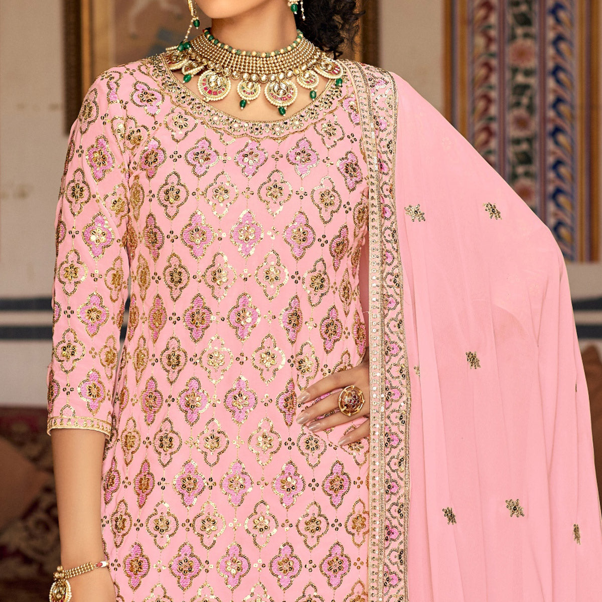 Pink Sequins Embroidered Georgette Semi Stitched Suit