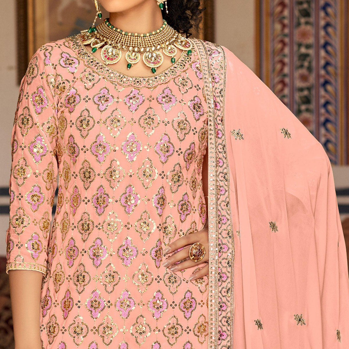 Peach Sequins Embroidered Georgette Semi Stitched Suit