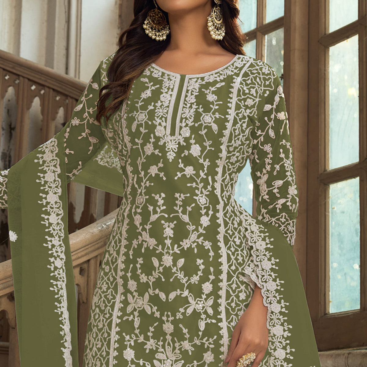 Green Floral Embroidered Net Semi Stitched Suit