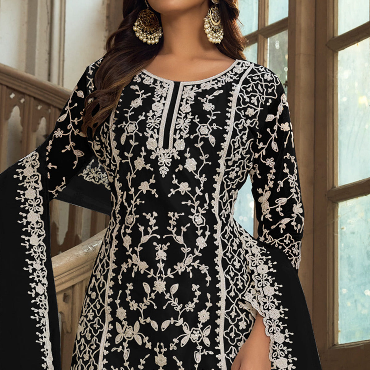 Black Floral Embroidered Net Semi Stitched Suit