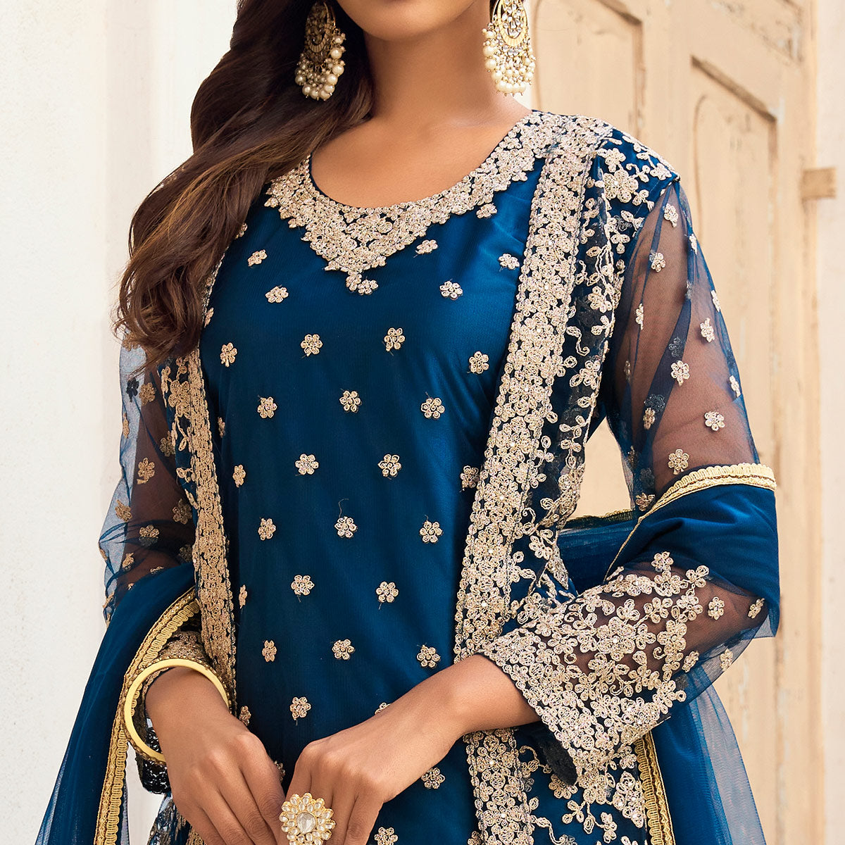 Blue Floral Embroidered Net Semi Stitched Pakistani Suit