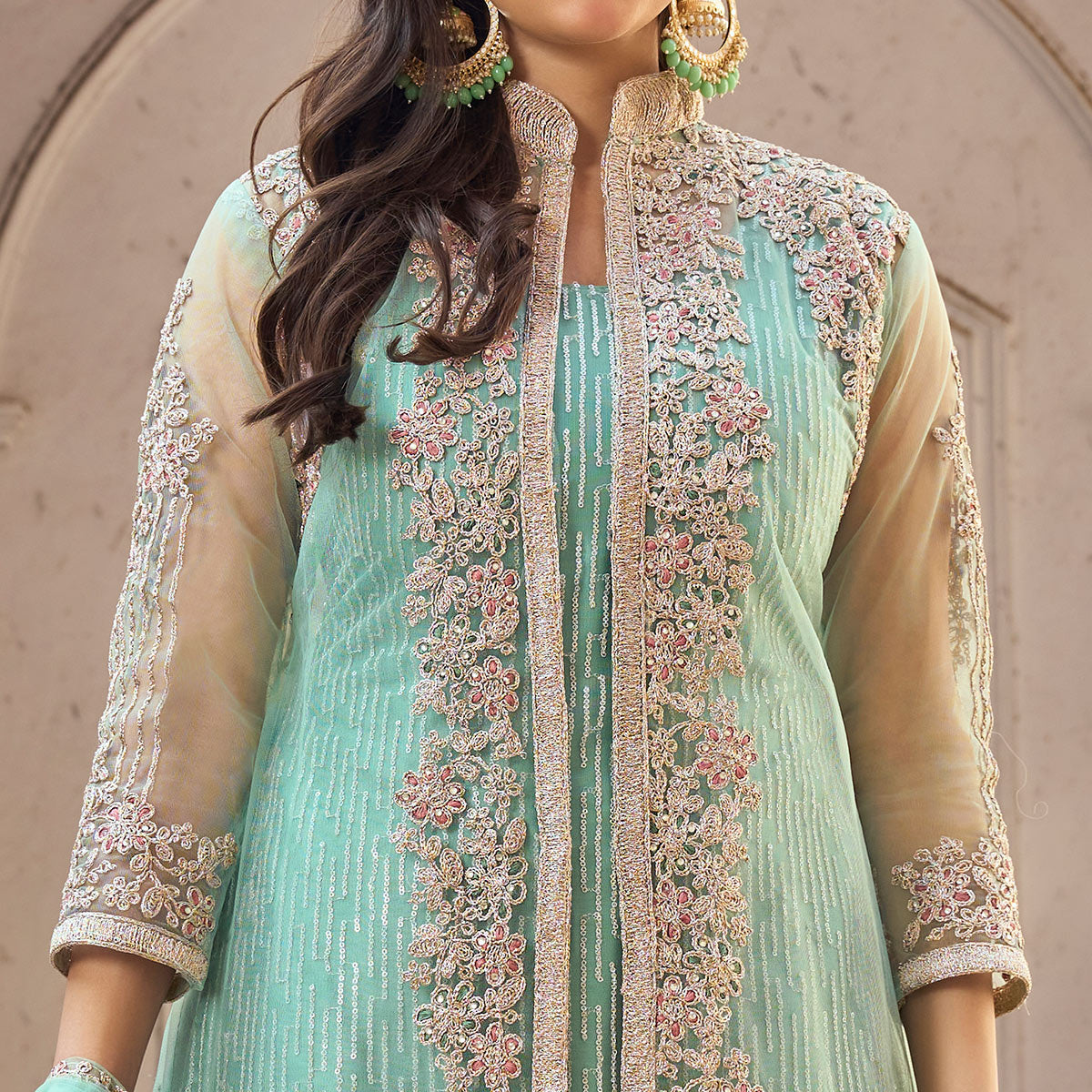 Turquoise Floral Embroidered Net Semi Stitched Suit