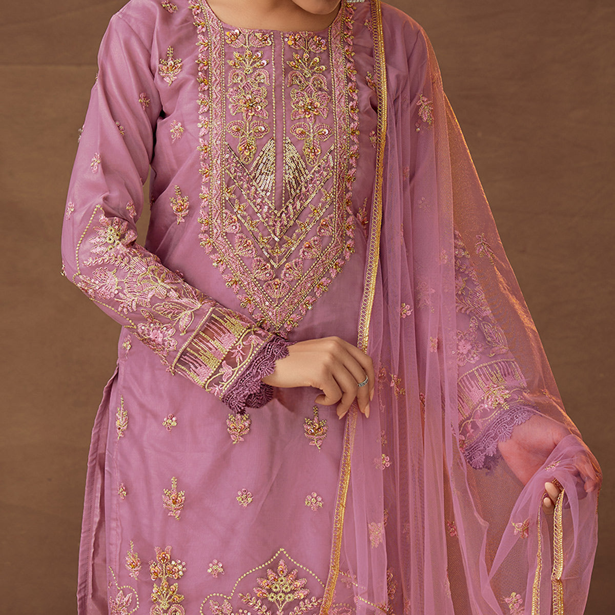 Pink Floral Embroidered Organza Semi Stitched Pakistani Suit