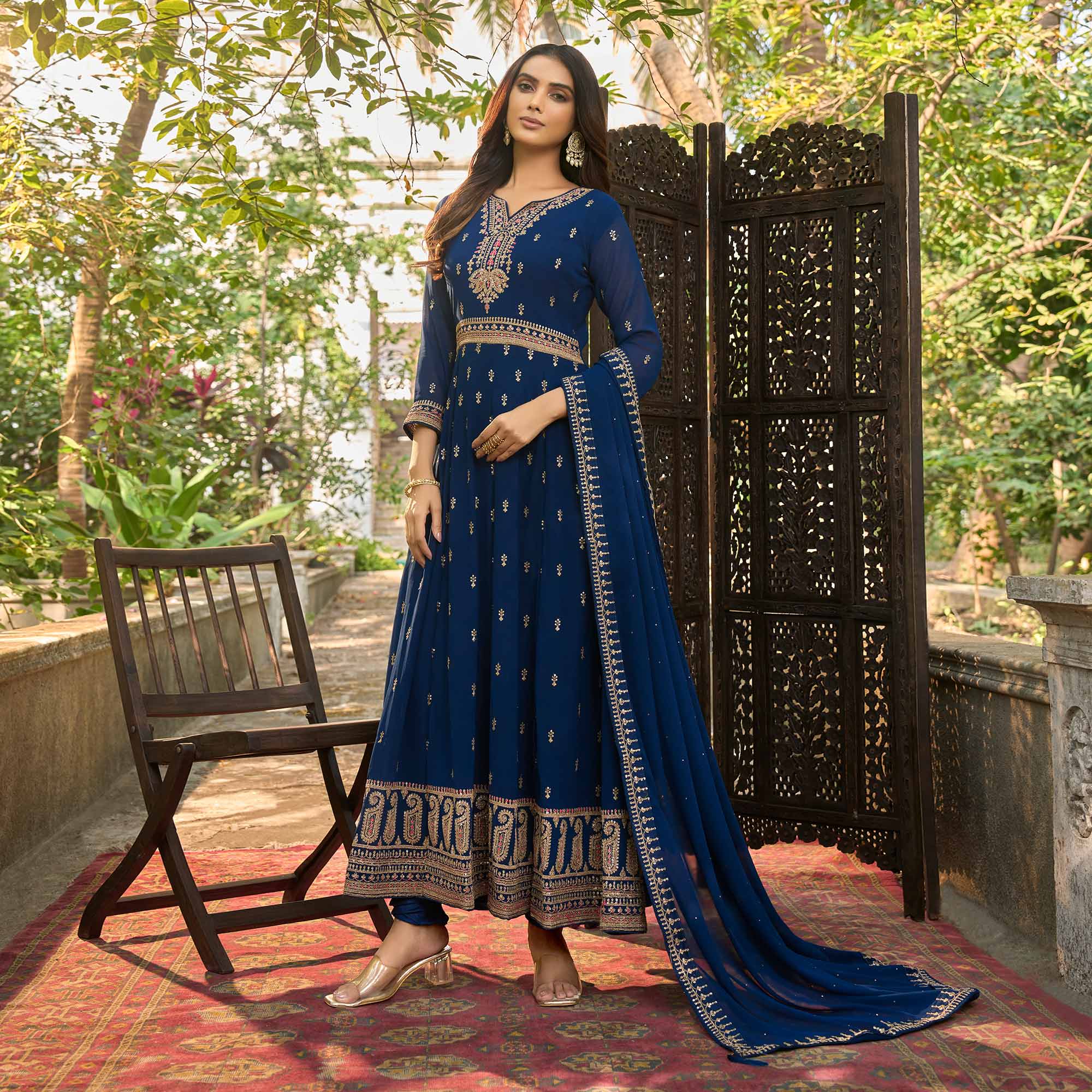 Blue Floral Sequins Embroidered Georgette Semi Stitched Anarkali Suit