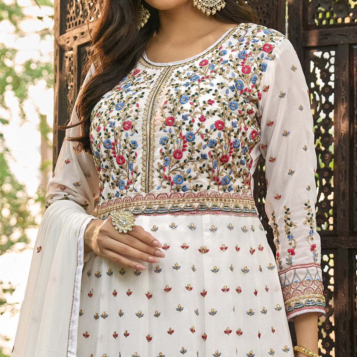 White Floral Sequins Embroidered Georgette Semi Stitched Anarkali Suit