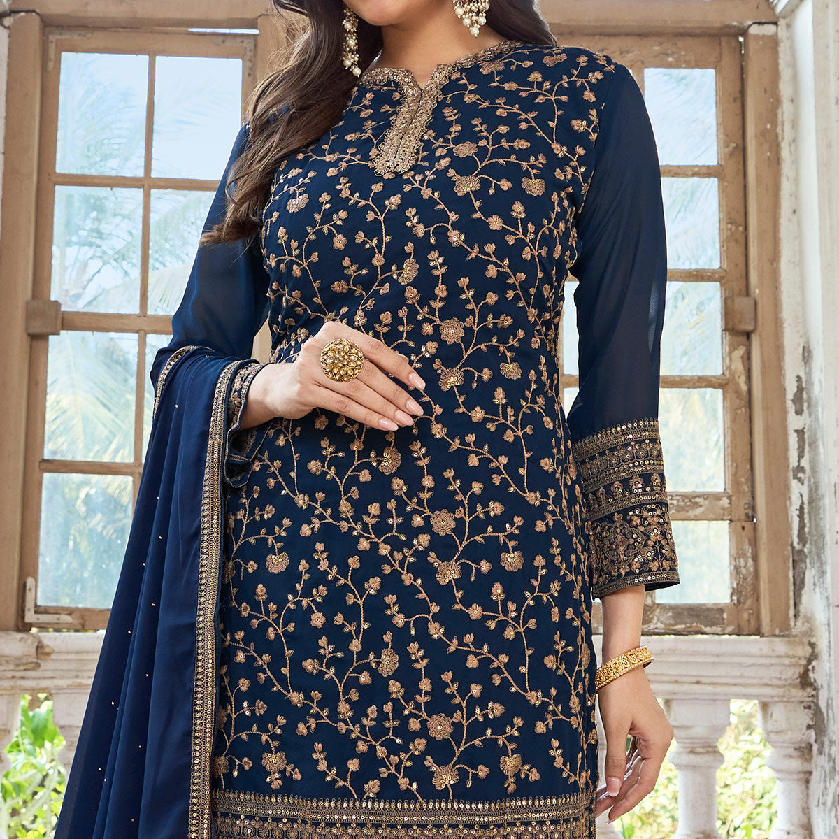 Blue Floral Embroidered Georgette Semi Stitched Suit