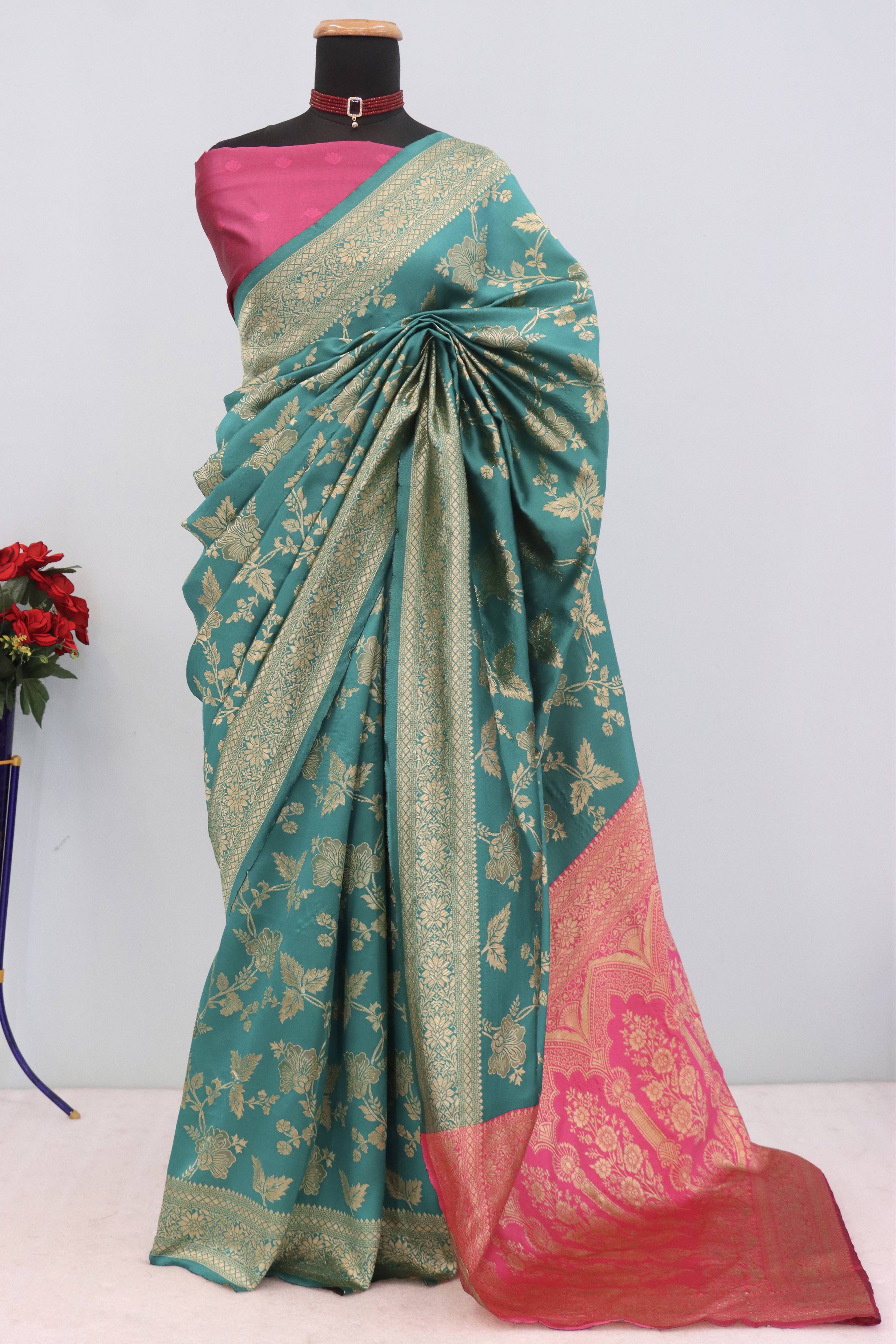 Graceful Rama Blue & Pink Banarasi Silk Saree Featuring Intricate Floral Zari Weaving Work