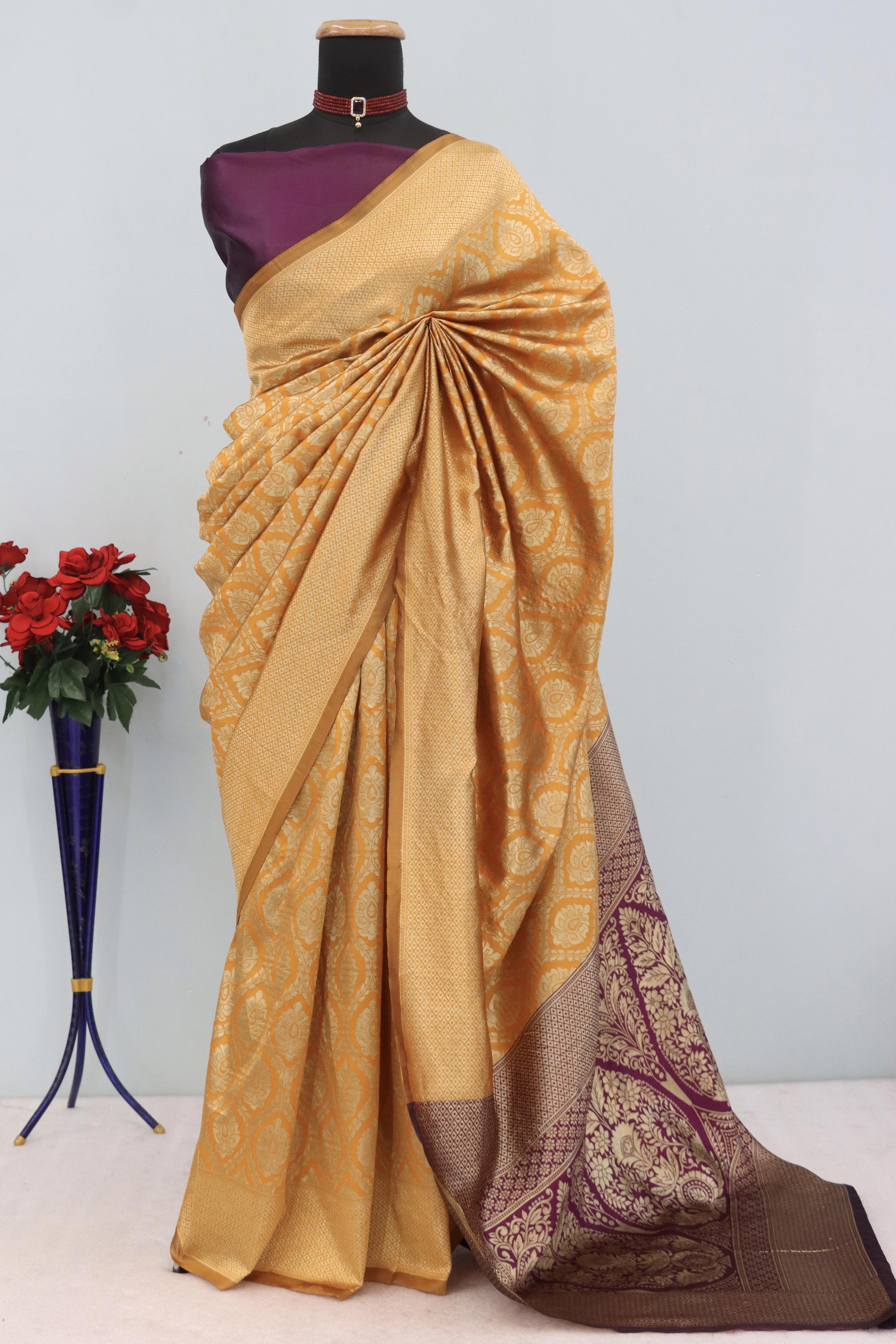 Charming Orange & Purple Banarasi Silk Saree Adorned With Floral Zari Weaving
