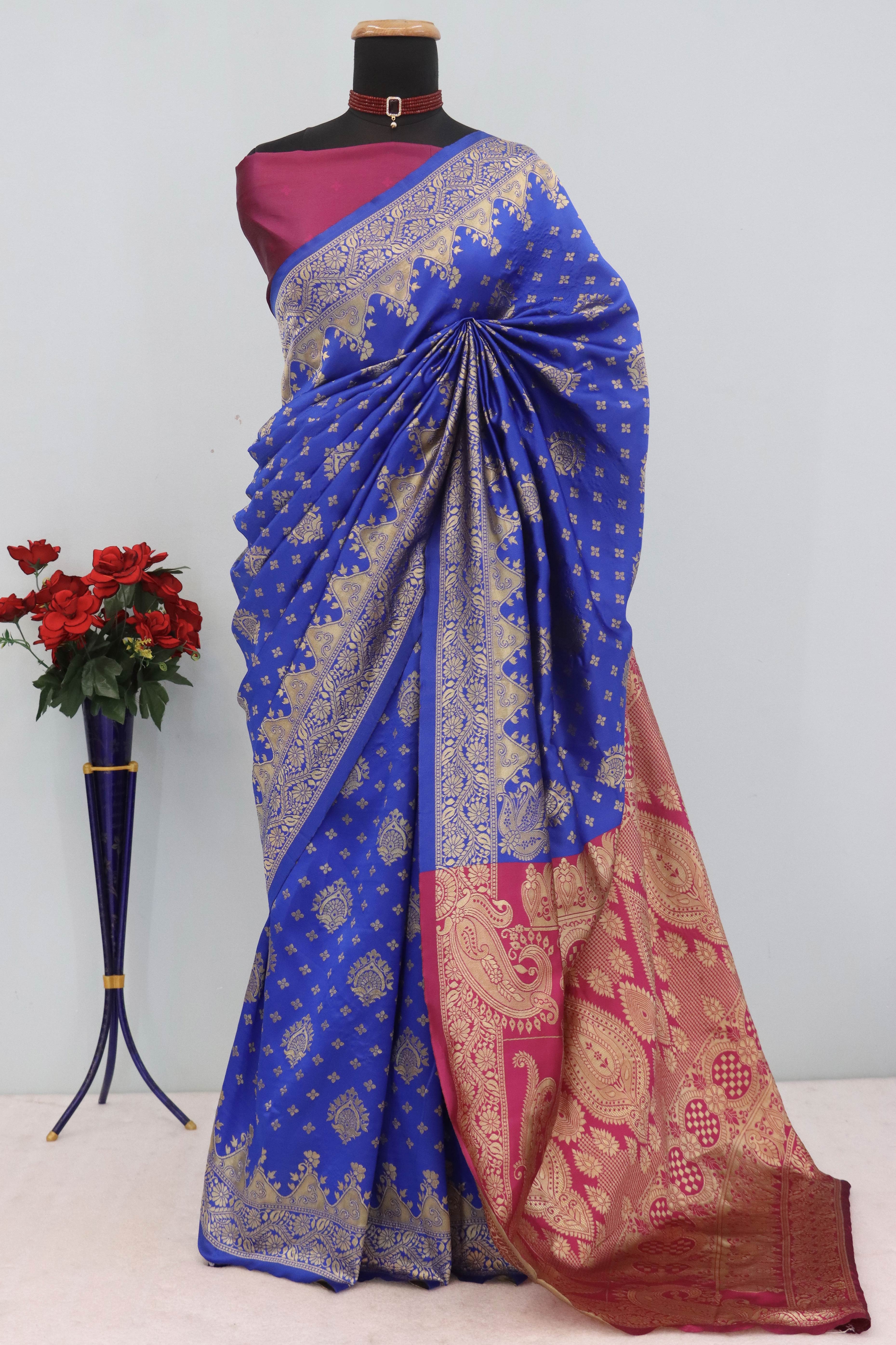 Classic Royal Blue & Pink Silk Banarasi Saree Showcasing Delicate Floral Zari Weaving