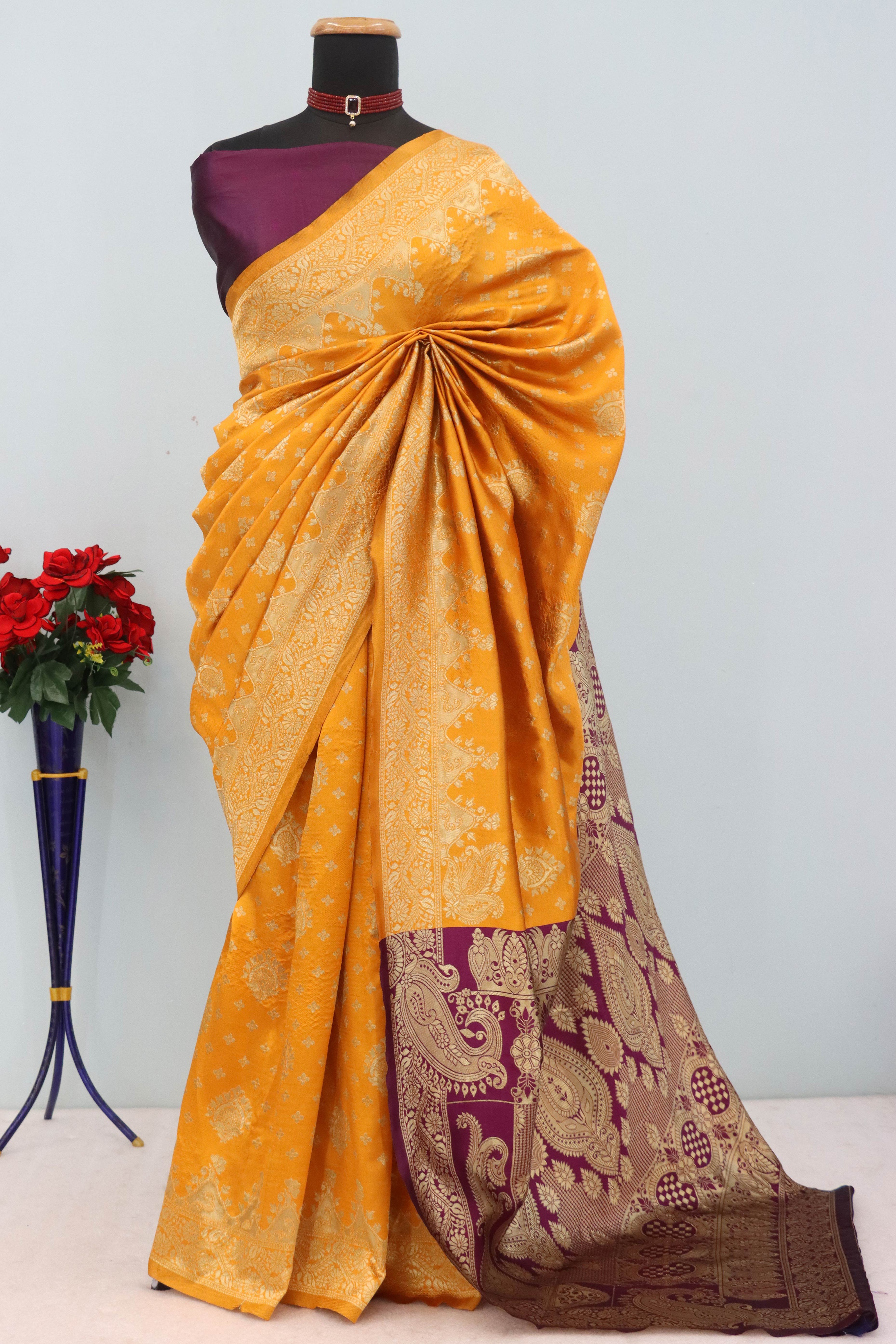 Classic Orange & Purple Silk Banarasi Saree Showcasing Delicate Floral Zari Weaving