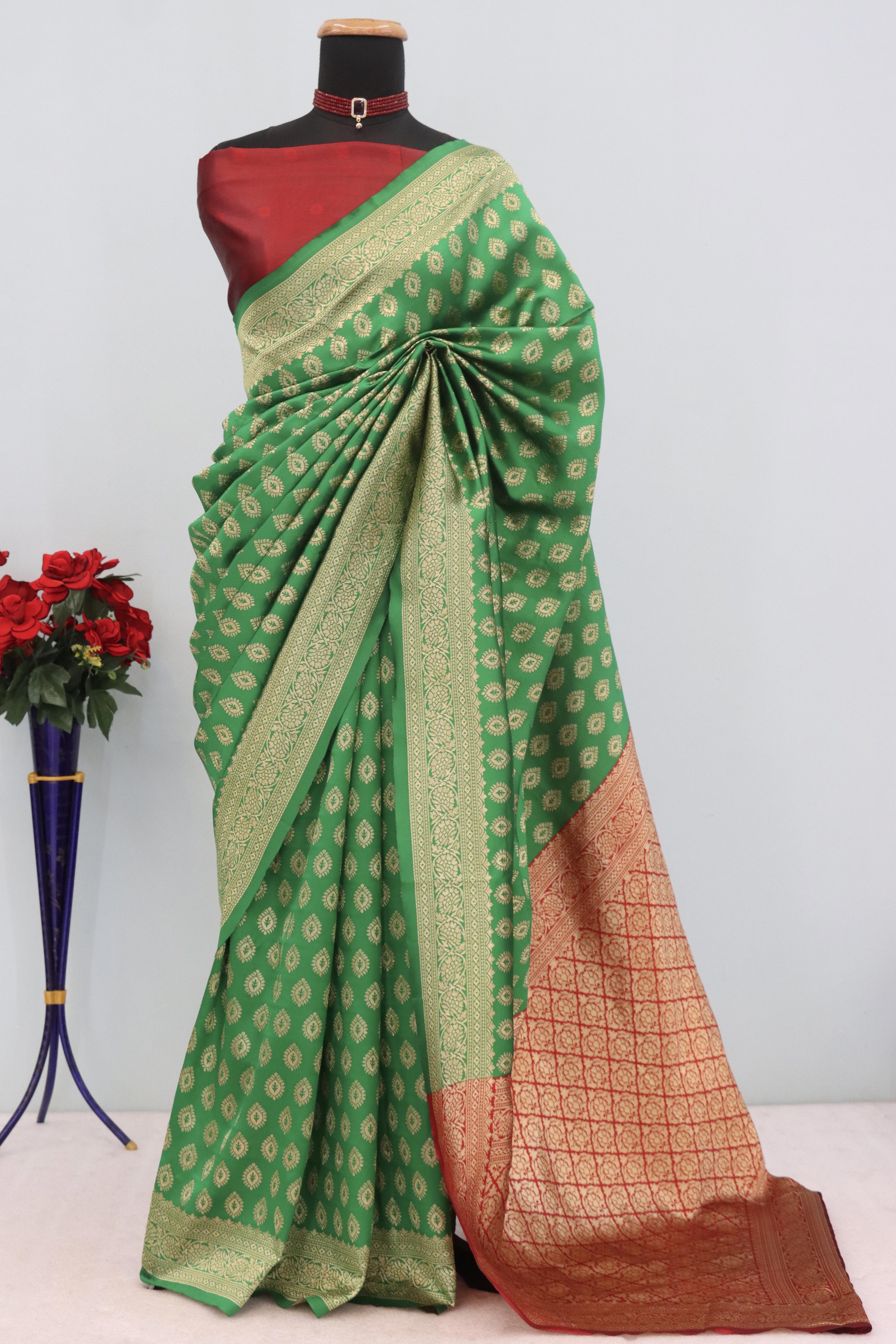 Green Floral Zari Woven Banarasi Silk Saree For Timeless Elegance