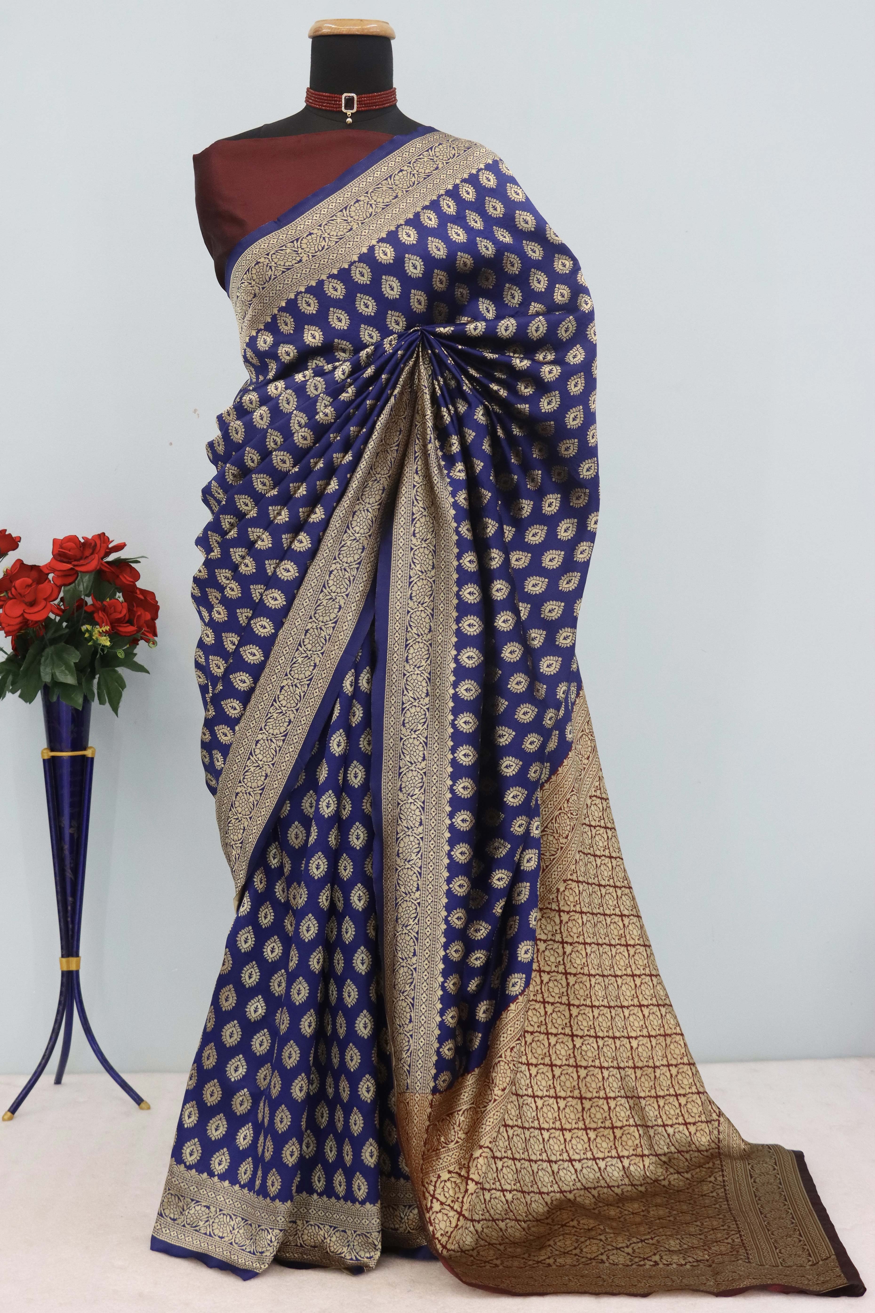 Navy Blue Floral Zari Woven Banarasi Silk Saree For Timeless Elegance
