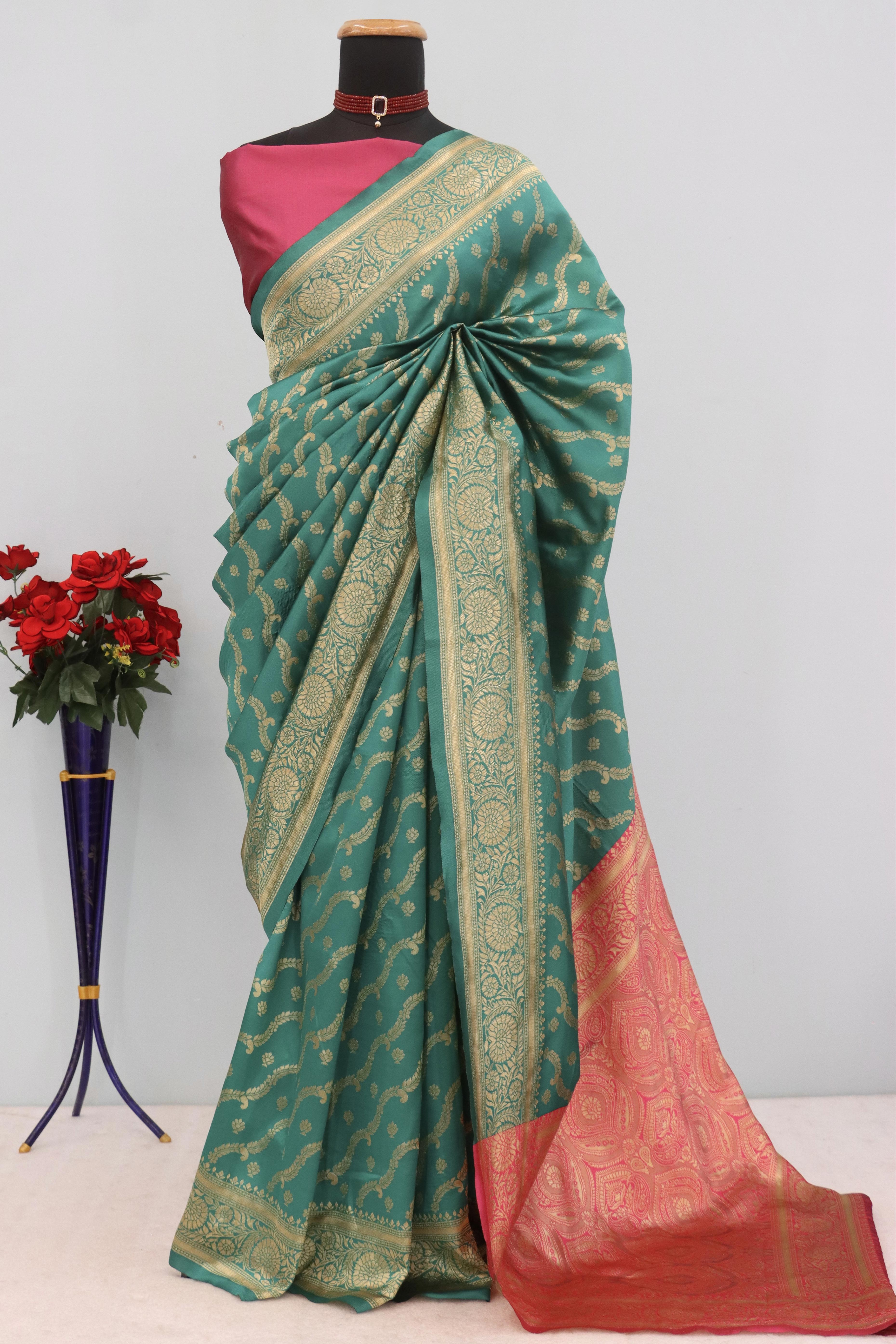 Graceful Rama Blue Banarasi Silk Saree Featuring Intricate Floral Zari Weaving Work