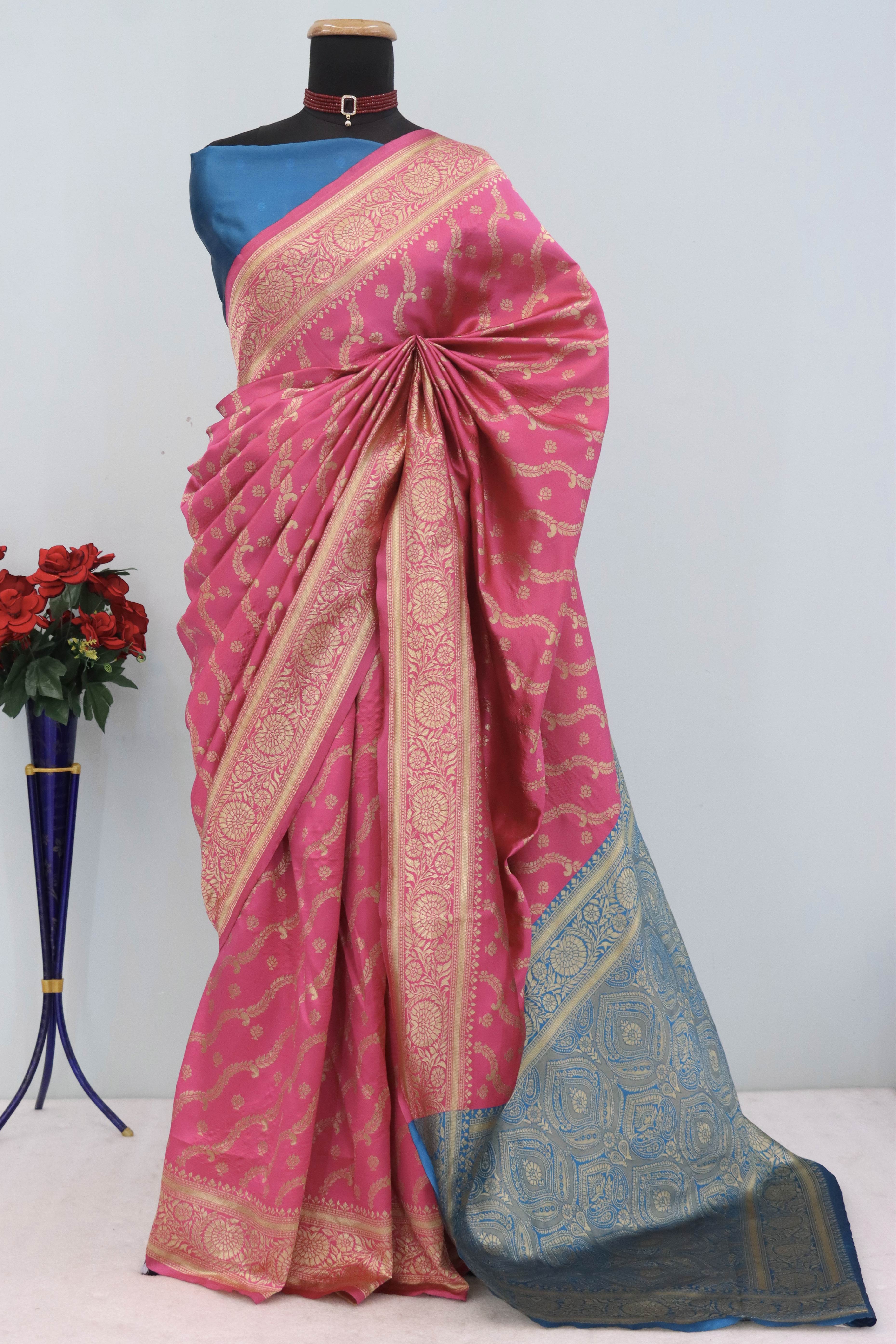 Graceful Pink Banarasi Silk Saree Featuring Intricate Floral Zari Weaving Work