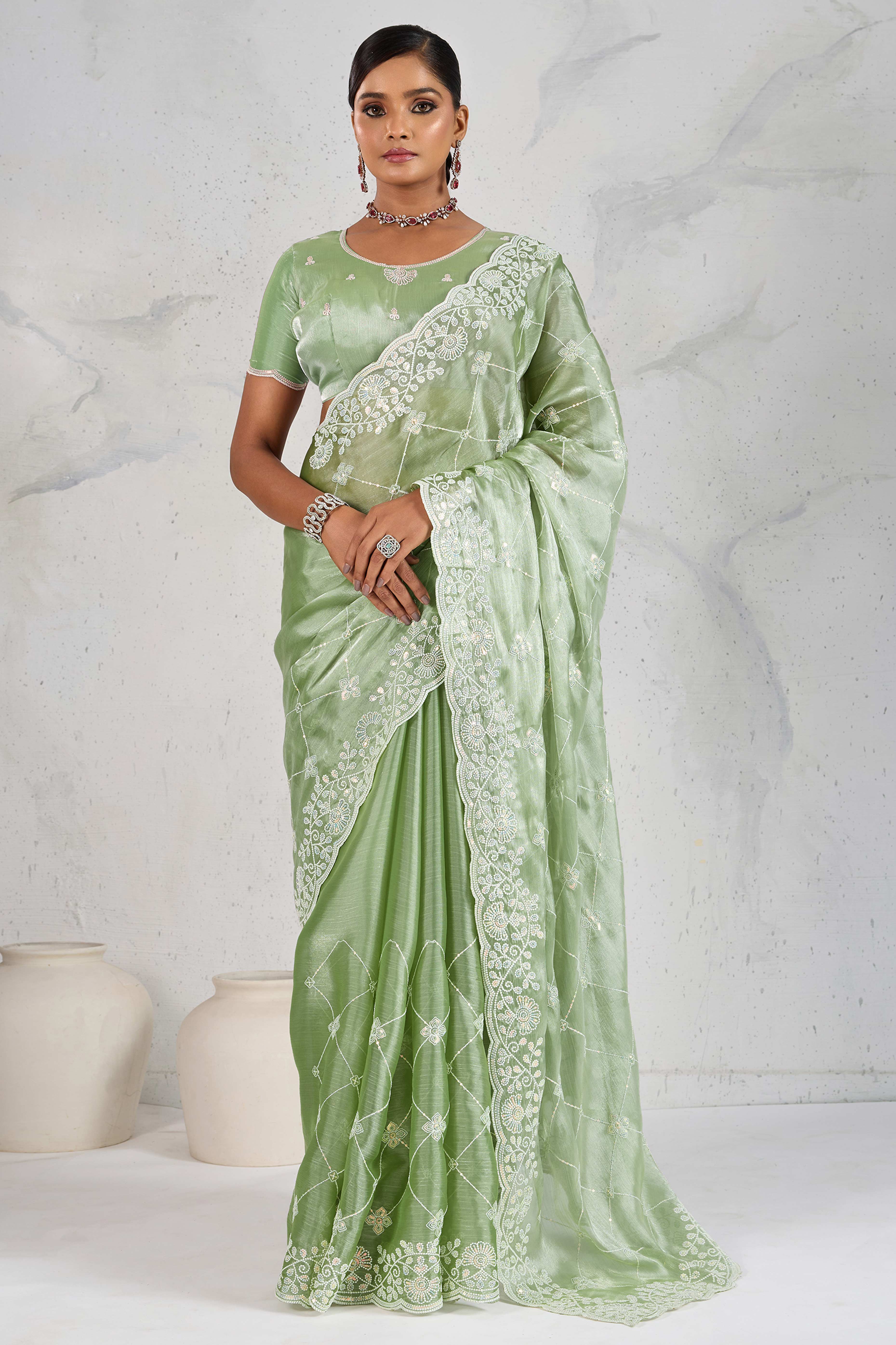 Green Silk Saree with Dazzling Sequin Embroidery