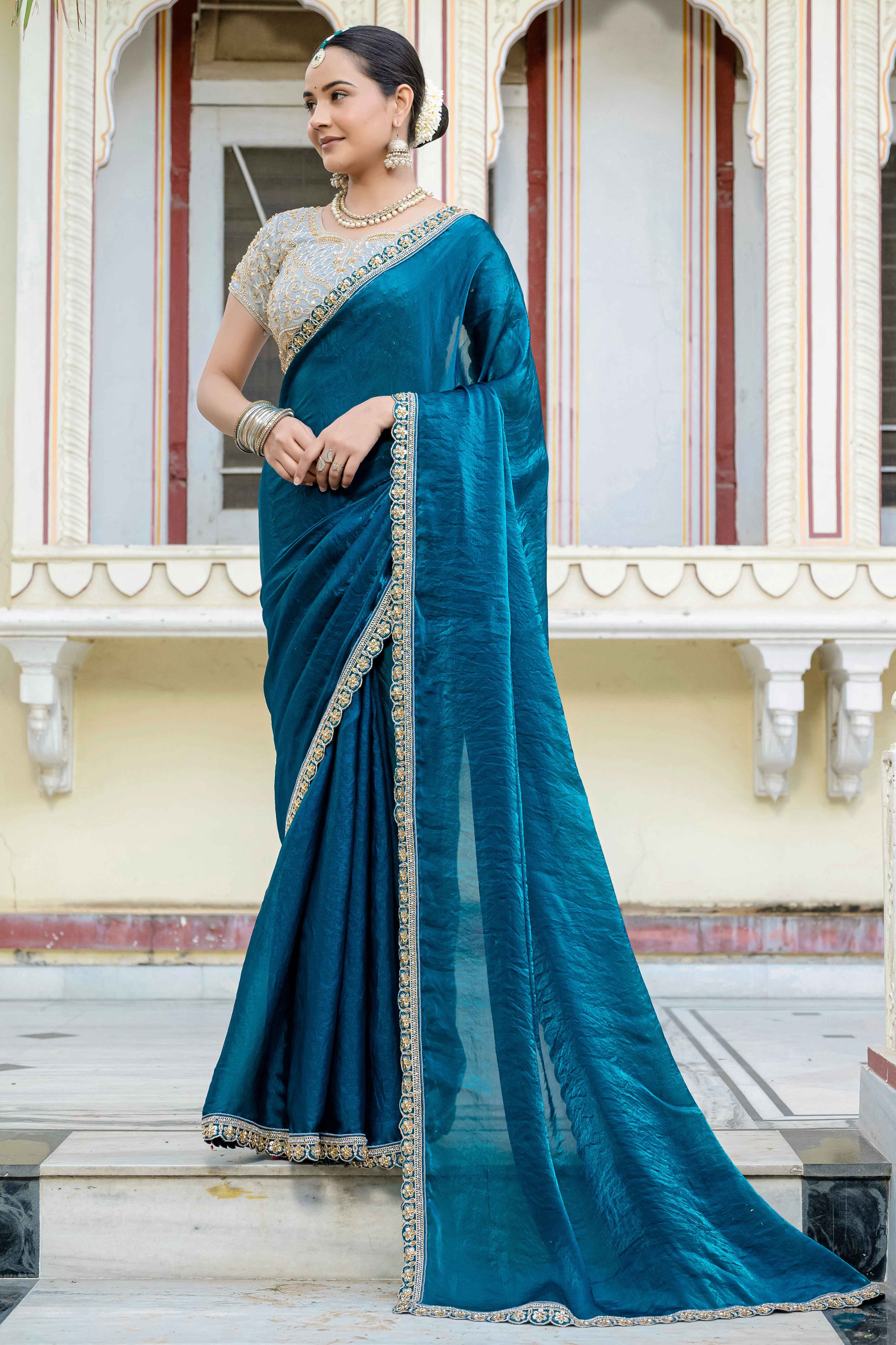 Morpich Blue Satin Velvet Saree Adorned With Handcrafted Sequins Beads & Pearl Embellishments