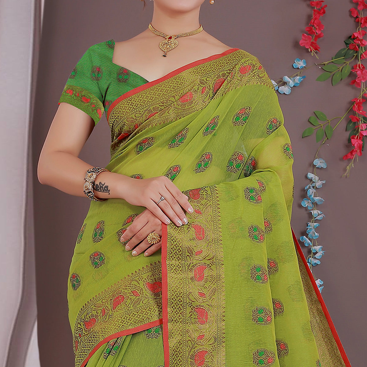 Green Floral Woven Cotton Silk Saree With Tassels