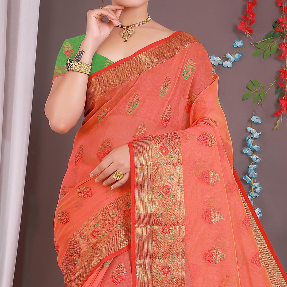 Red Floral Woven Cotton Silk Saree With Tassels