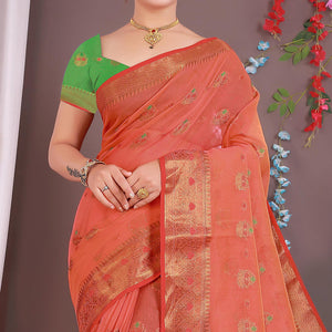 Red Floral Woven Cotton Silk Saree With Tassels