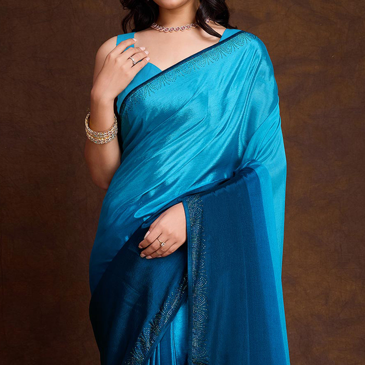 Blue Swarovski Border Work Chinon Ombre Saree