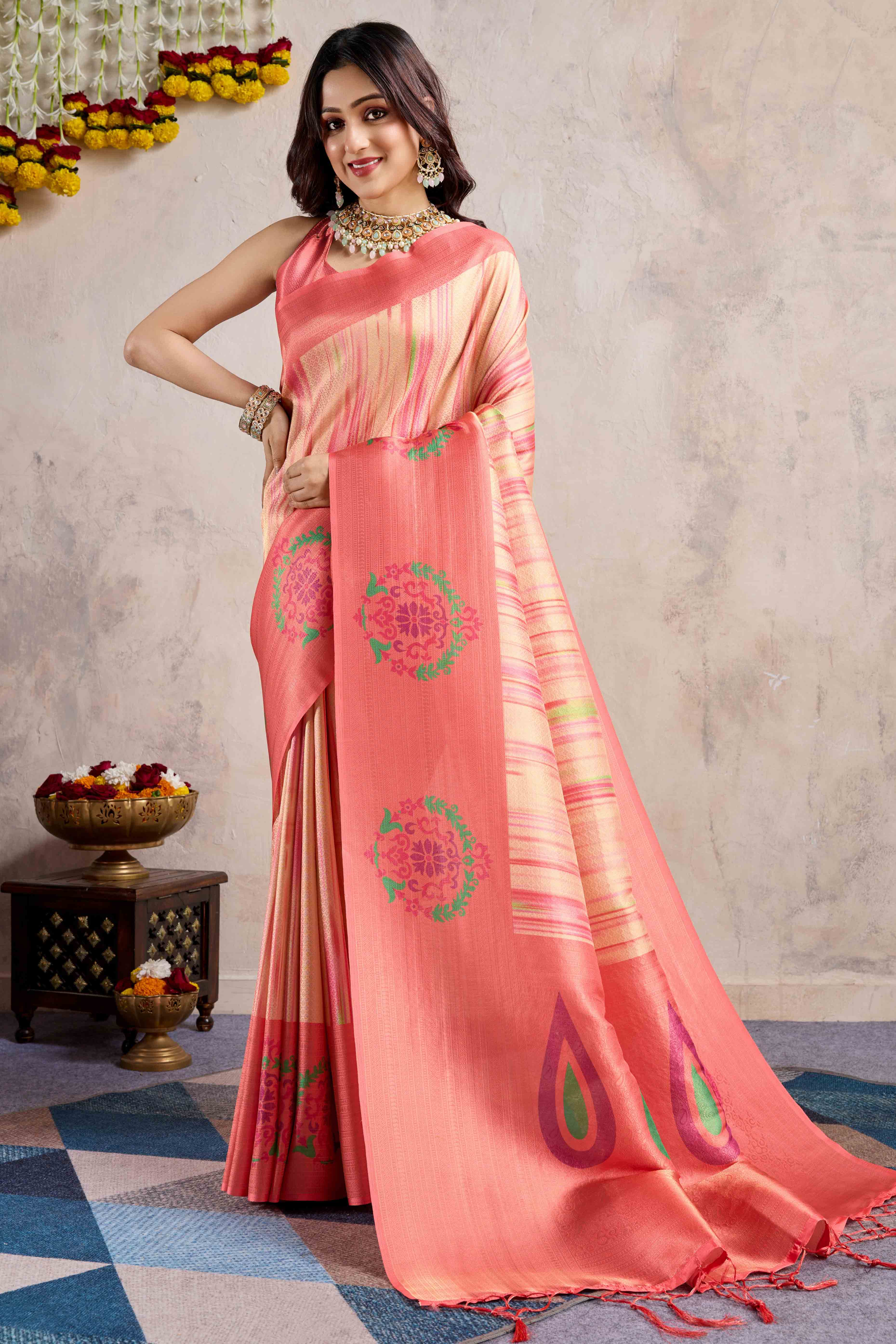Peach Kanoko Print Weaving Soft Banarasi Silk Saree