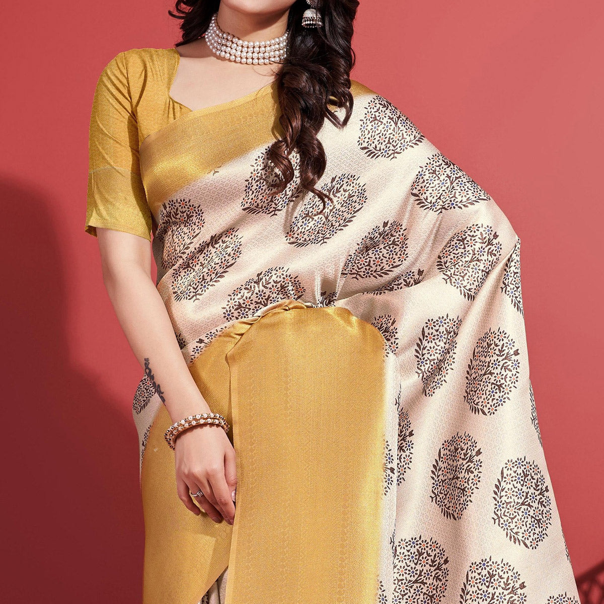 Yellow & Off White Floral Digital Printed With Woven Banarasi Silk Saree