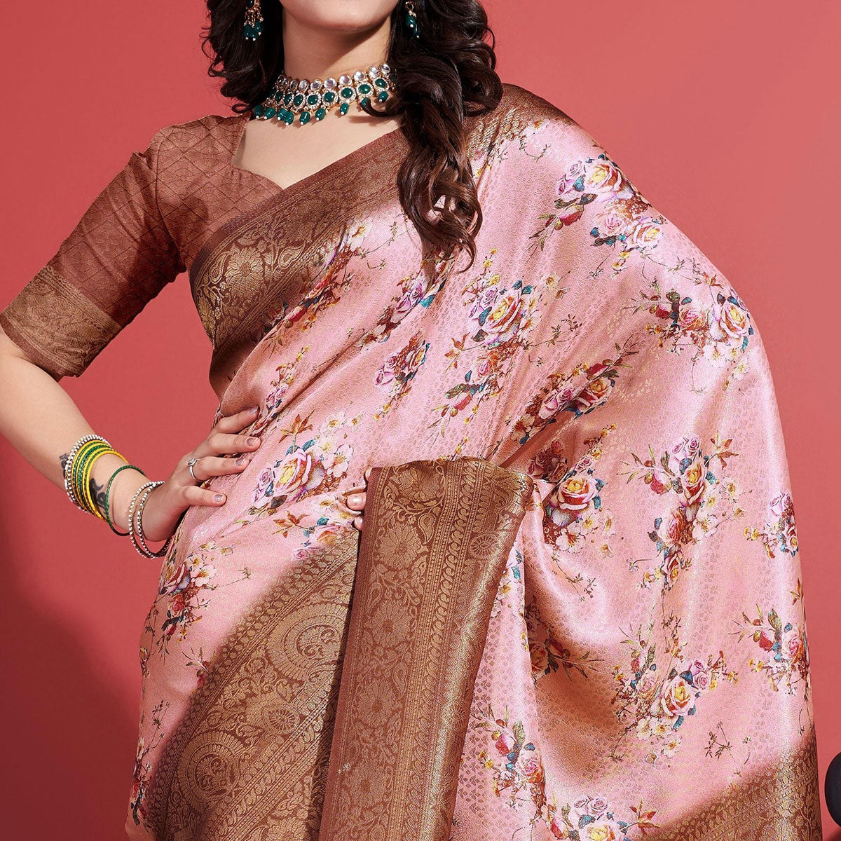 Brown & Peach Floral Digital Printed With Woven Banarasi Silk Saree