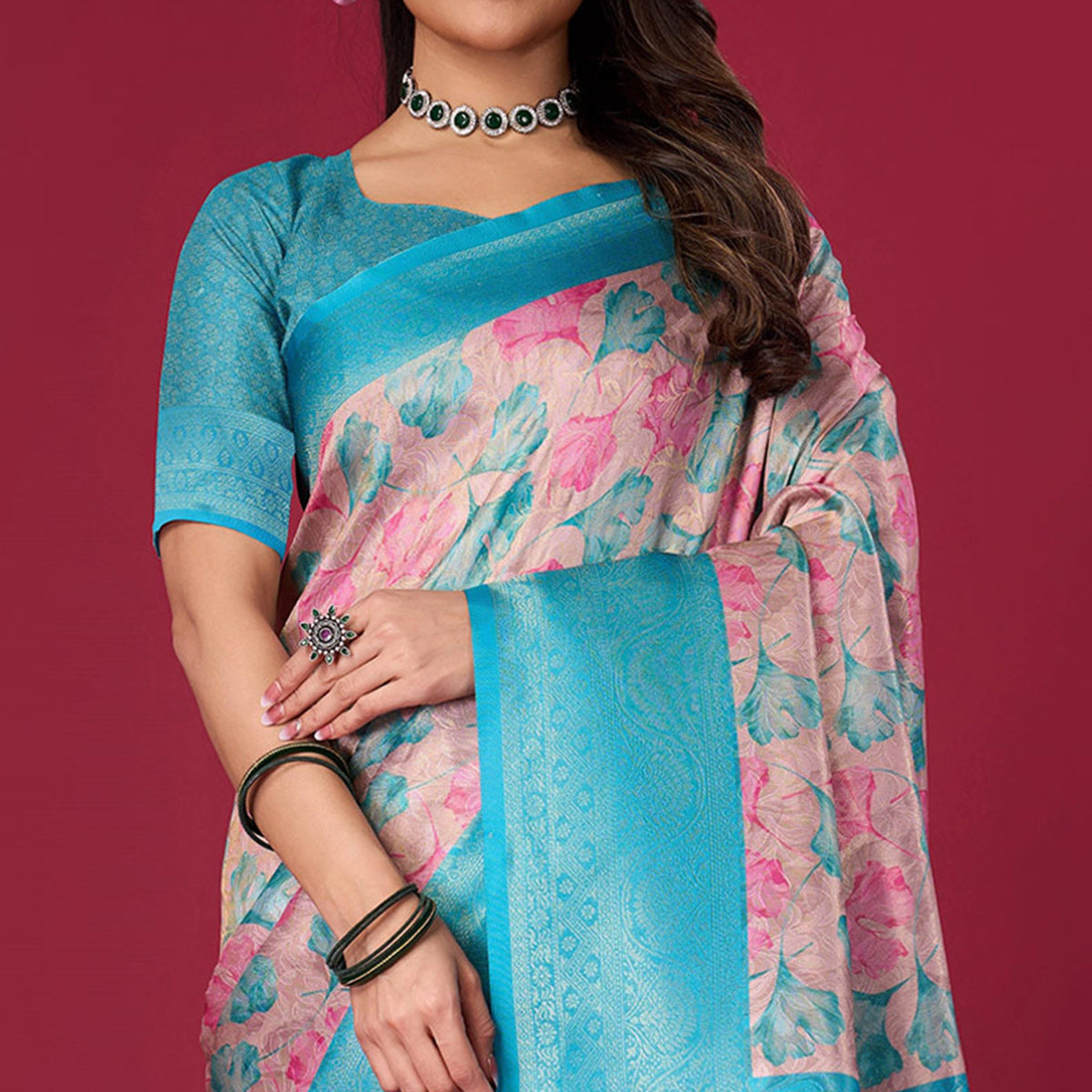 Turquoise Floral Digital Printed With Woven Pure Silk Saree