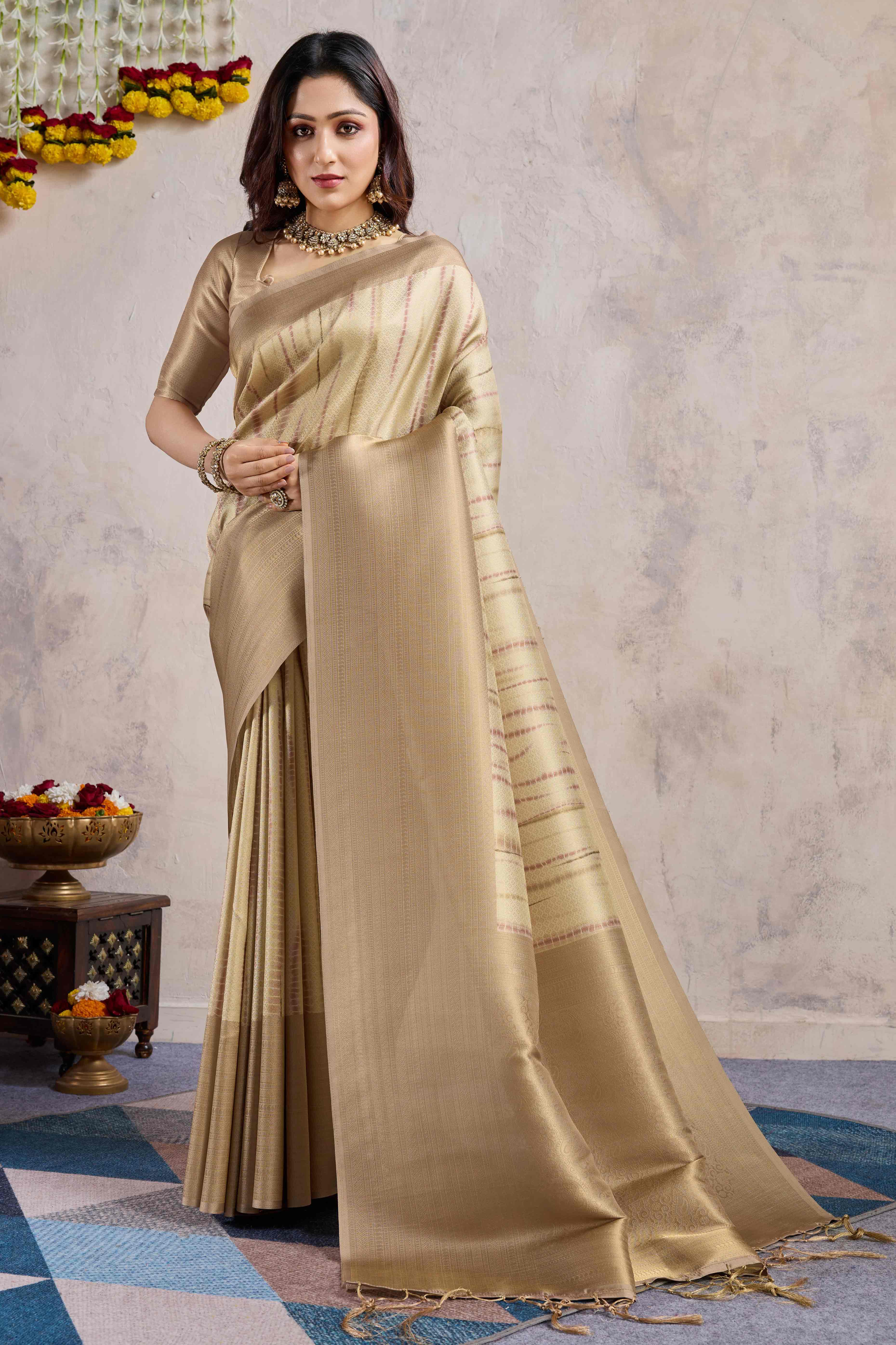 Chikoo Woven With Digital Printed Banarasi Silk Saree