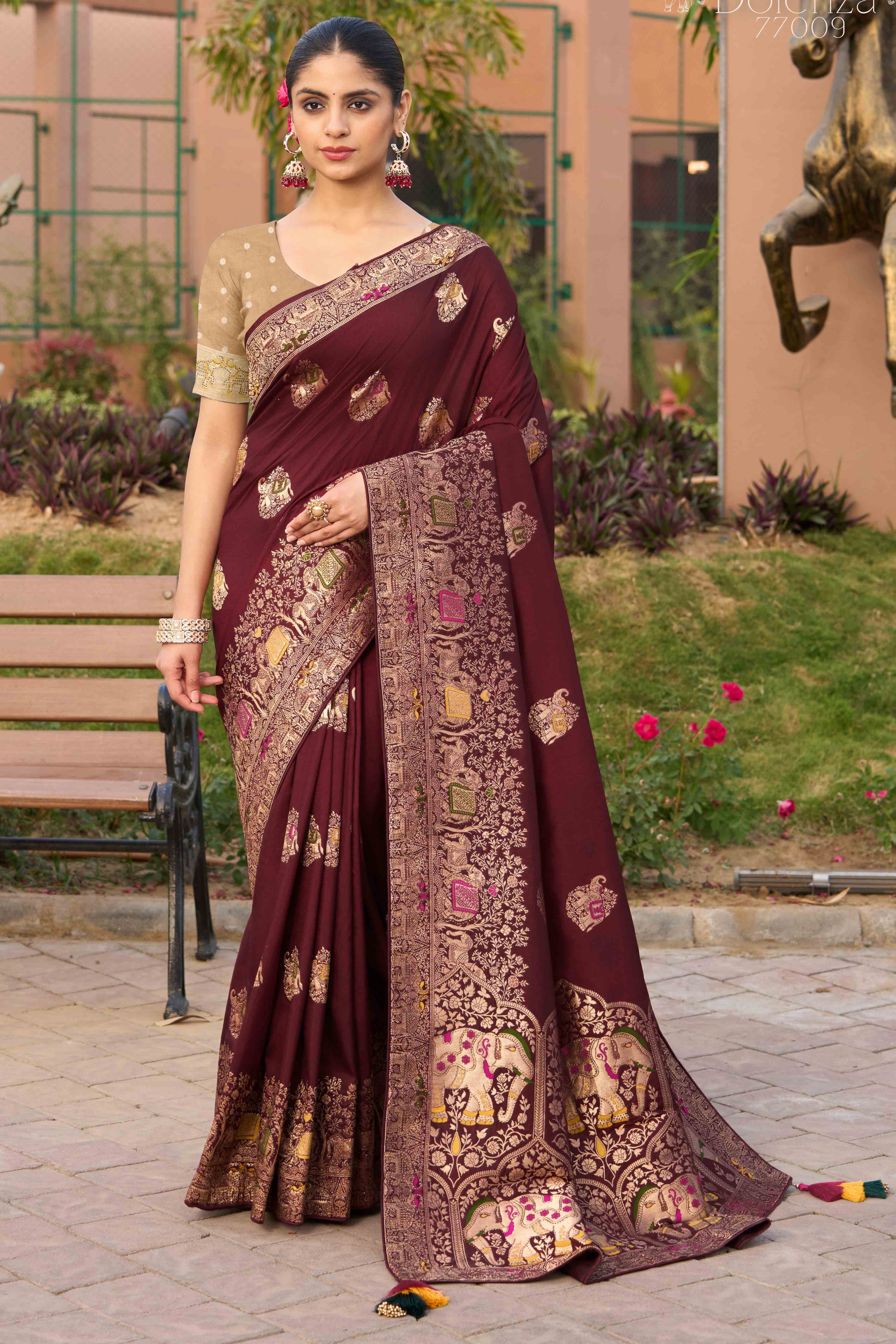 Dark Maroon Zari Woven Dola Silk Saree With Intricate Meenakari & Swarovski Embellishments