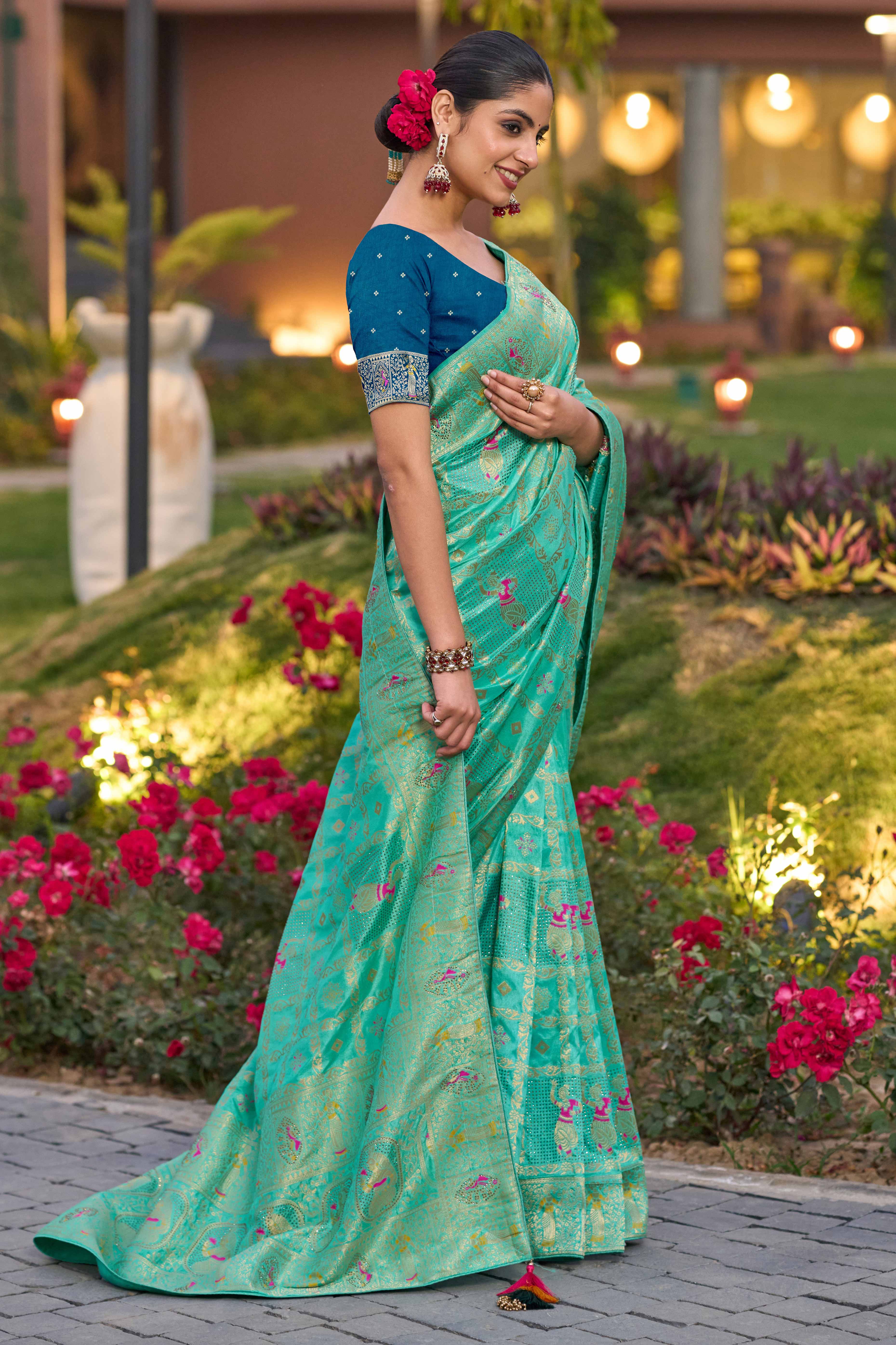 Turquoise Dola Silk Saree Featuring Intricate Gharchola Woven Design