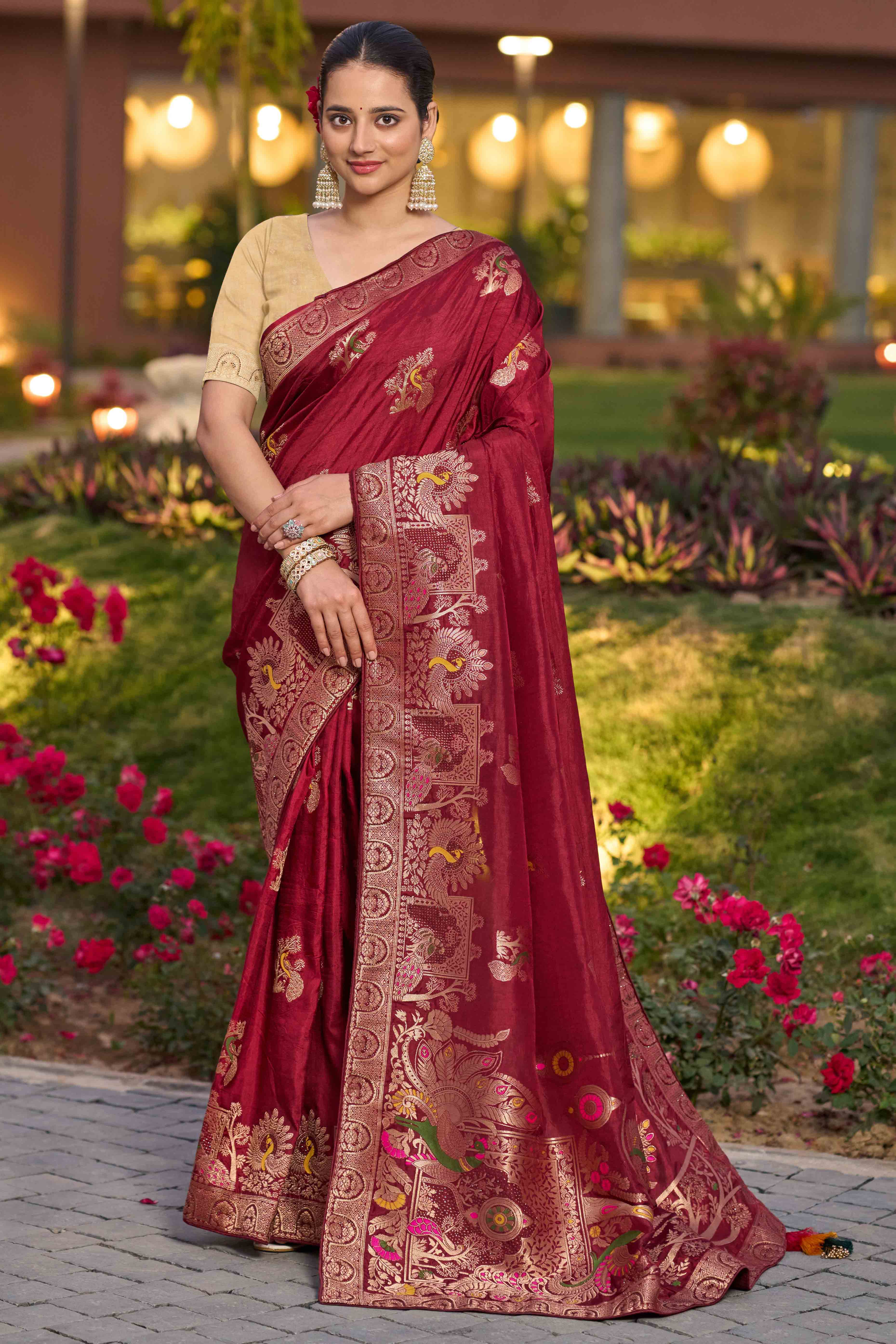 Opulent Maroon Dola Silk Saree With Exquisite Zari Weaving & Swarovski Embellishments