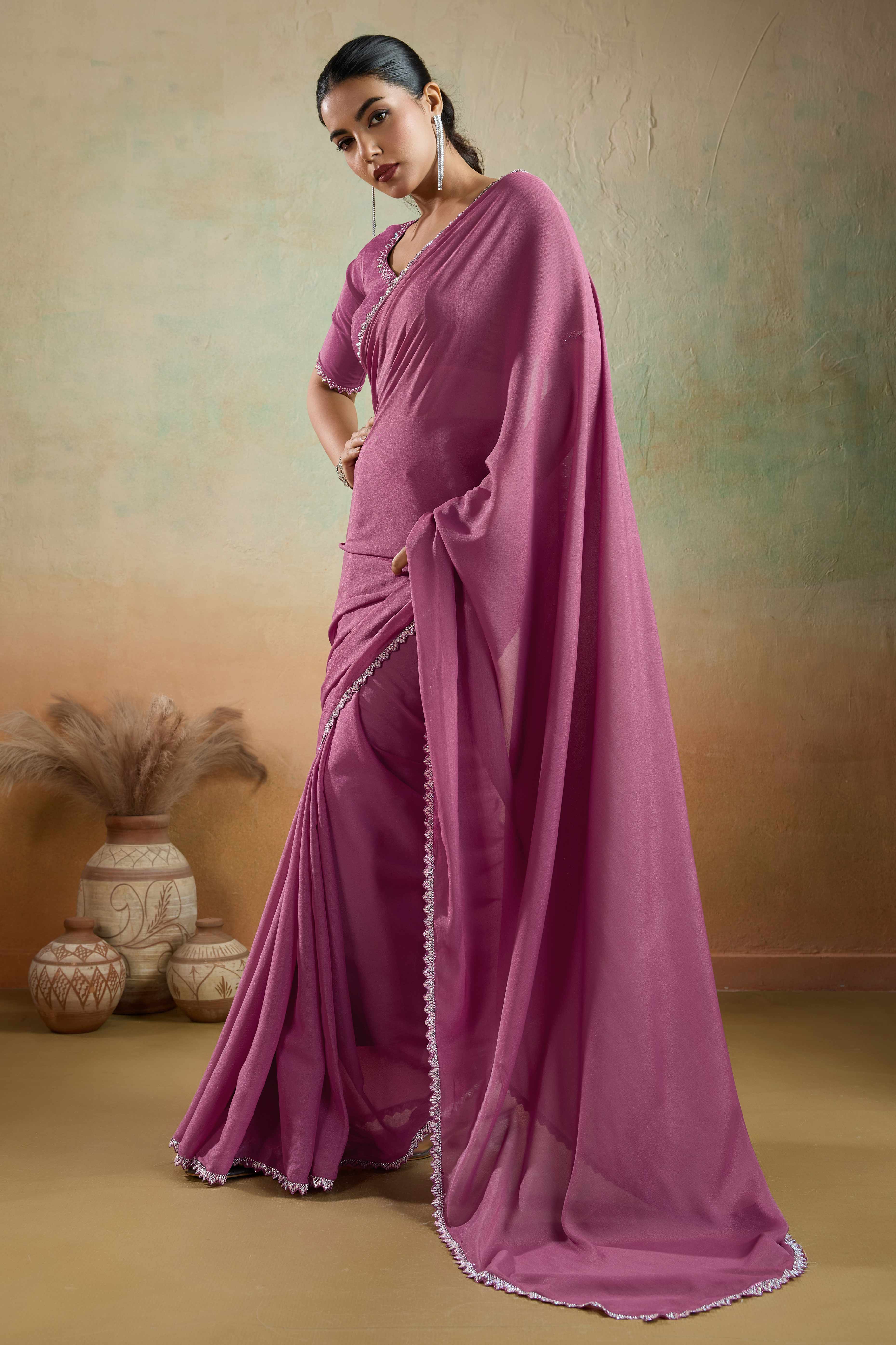 Deep Rose Pink Solid Matt Georgette Saree With Ceramic Embellished Lace Border