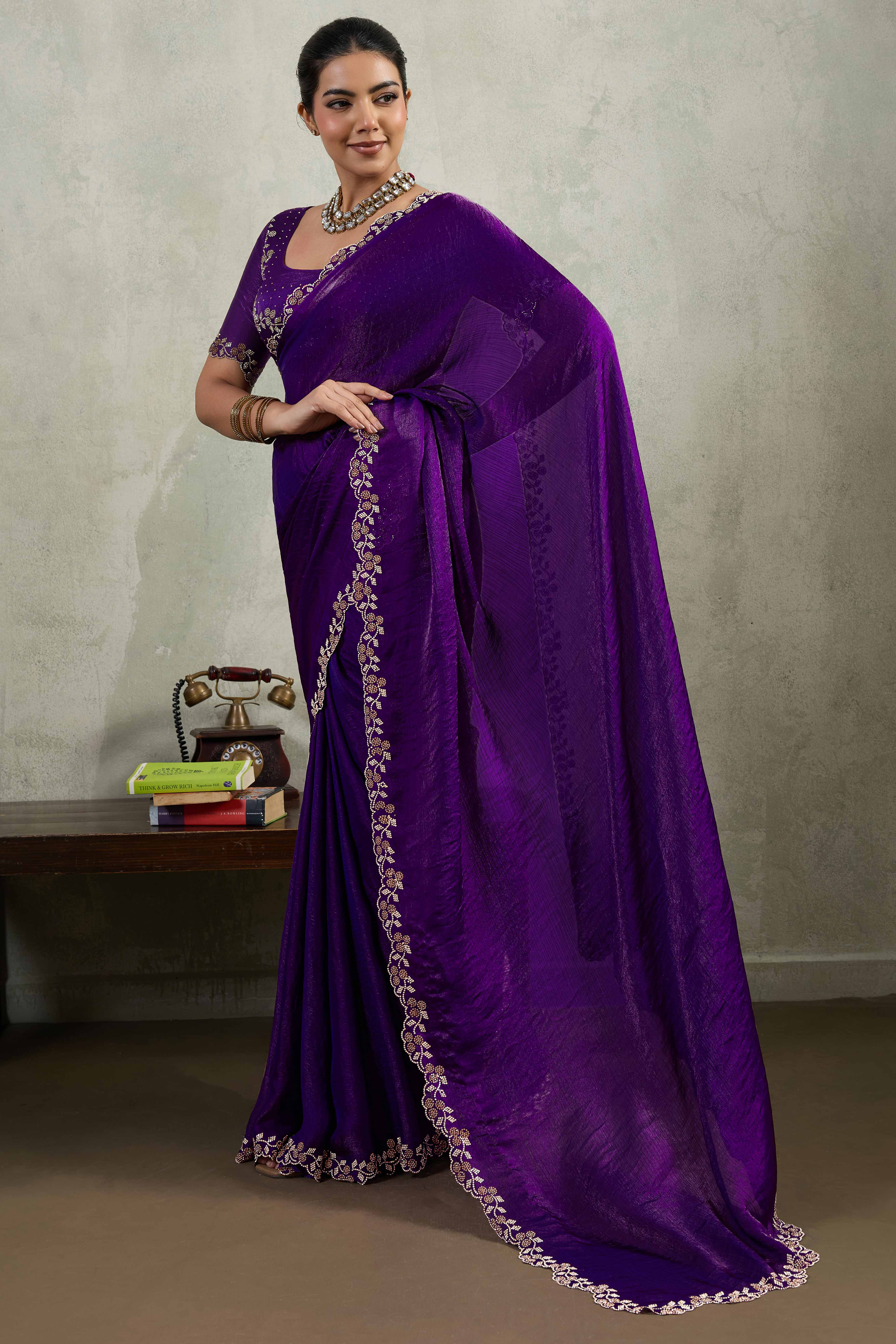 Purple Velvet Chiffon Saree Accented with Sparkling Zarkan Detailing