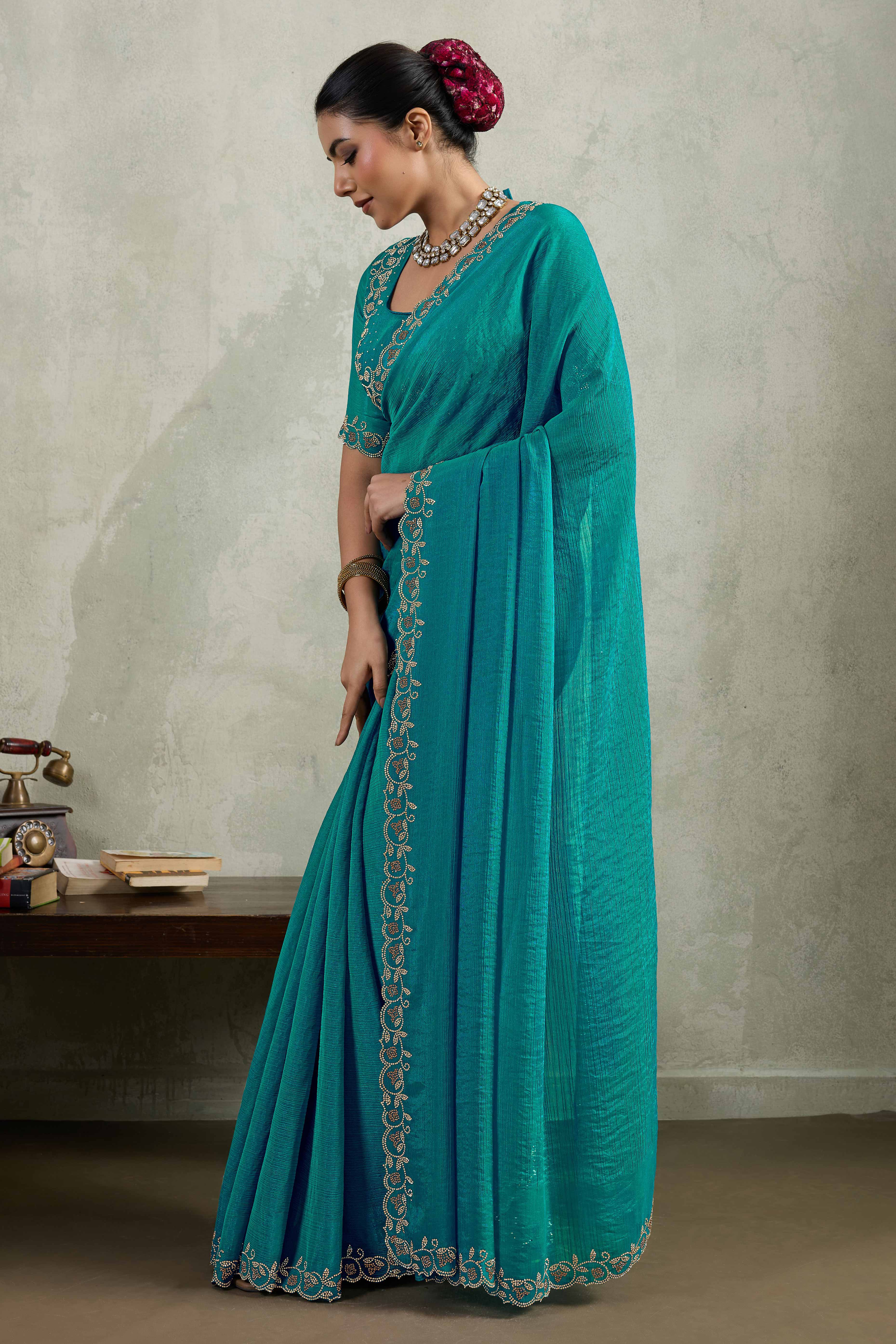 Teal Velvet Chiffon Saree Accented with Sparkling Zarkan Detailing