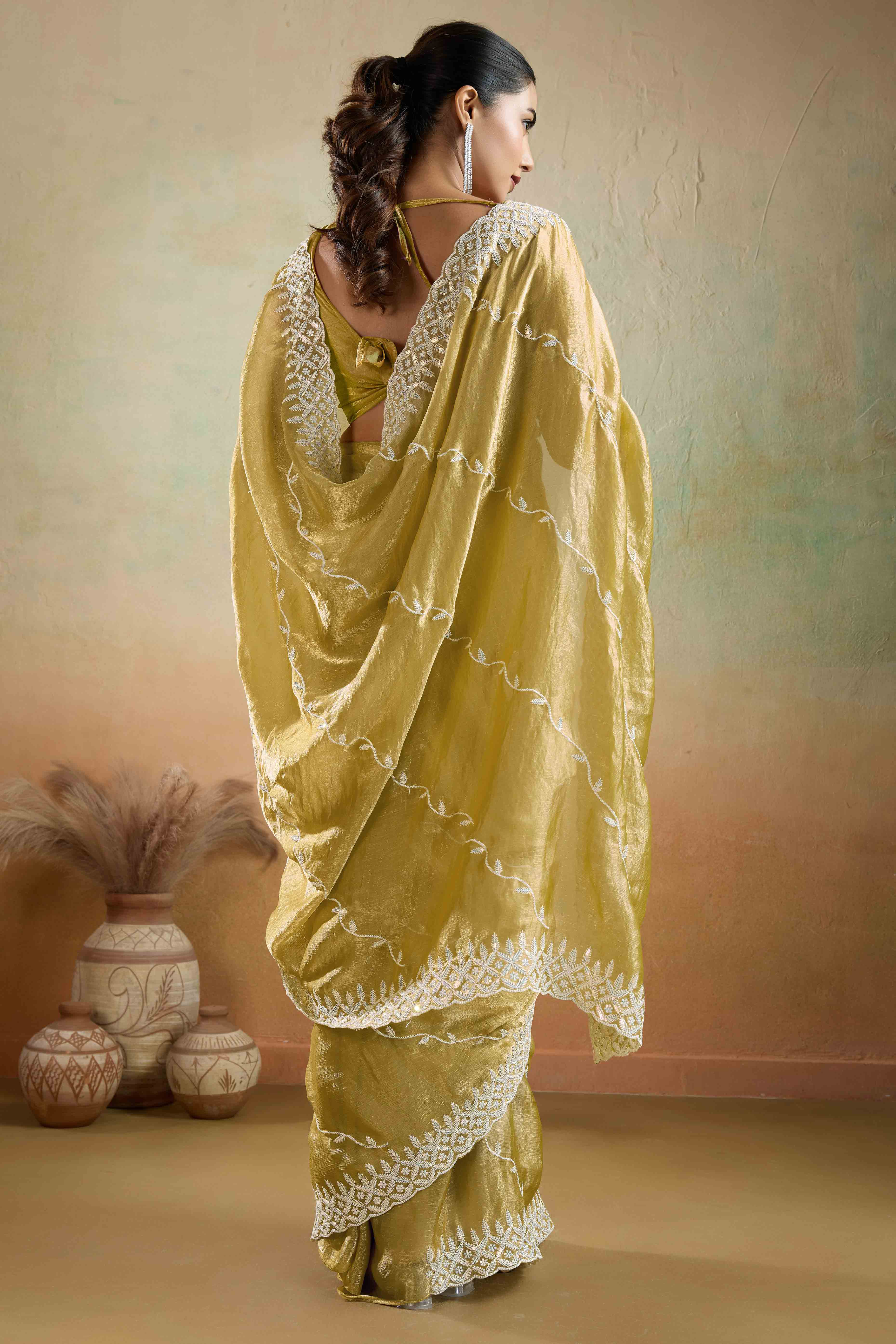 Olive Chiffon Saree with Rich Velvet Accents & Thread Detailing