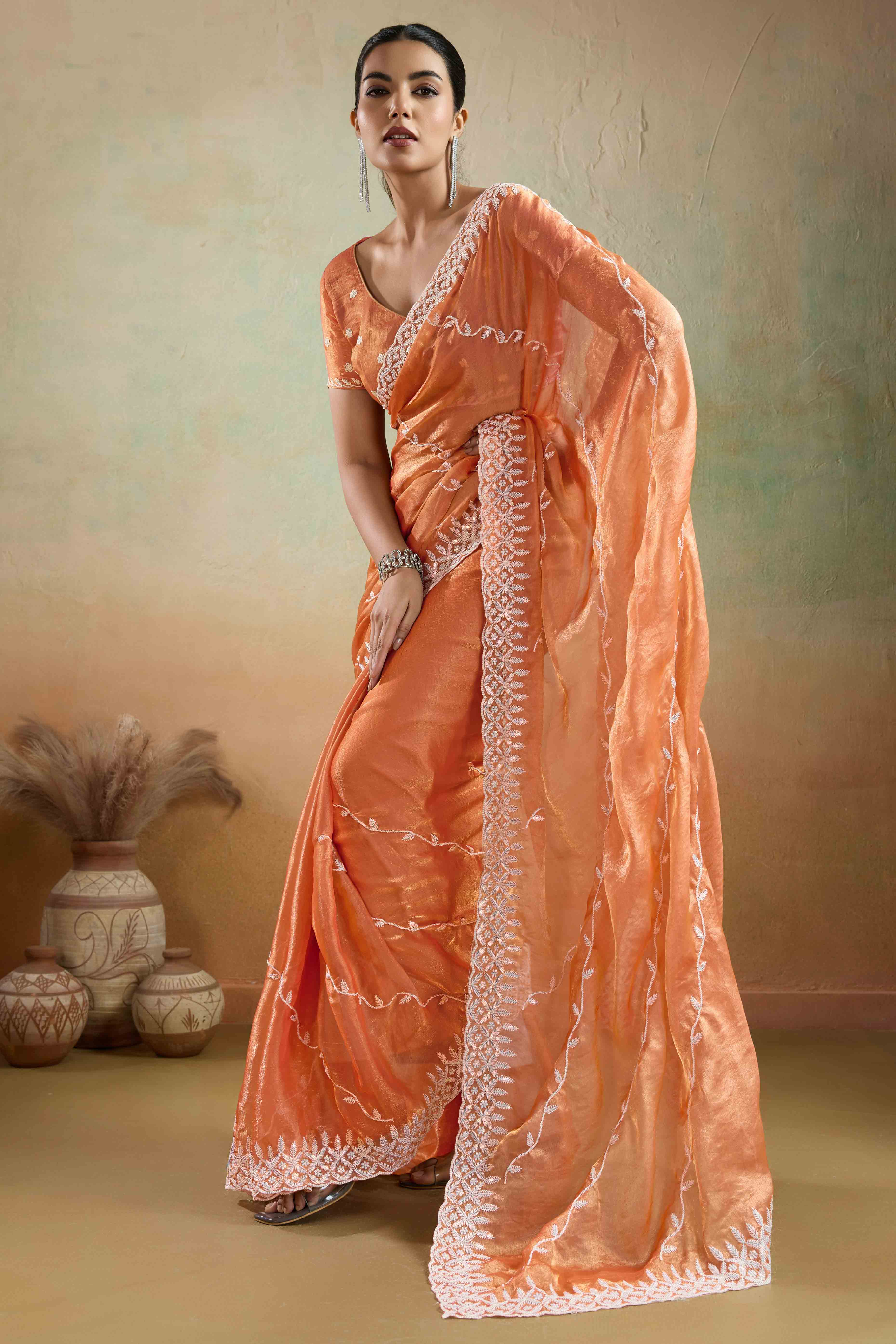 Light Orange Chiffon Saree with Rich Velvet Accents & Thread Detailing