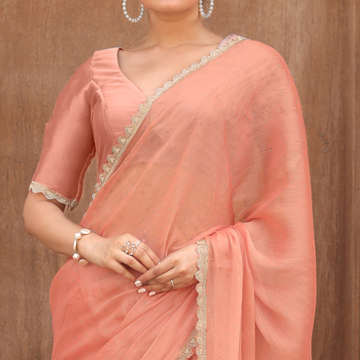 Peach Stonework Tussar Silk Saree