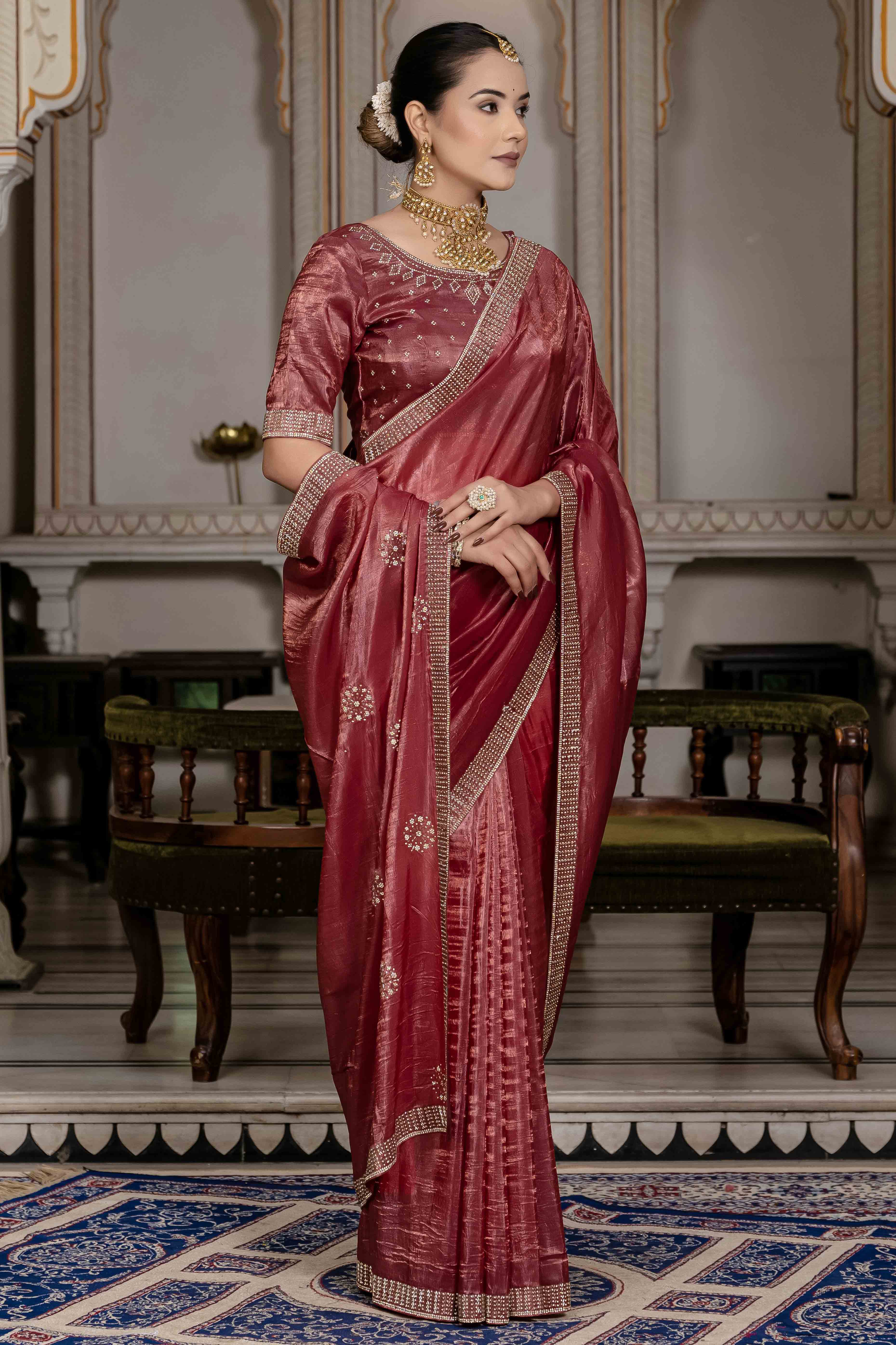 Brick Red Tissue Gold Crush Saree With Exquisite Cutdana & Zarkan Hand Embellishment