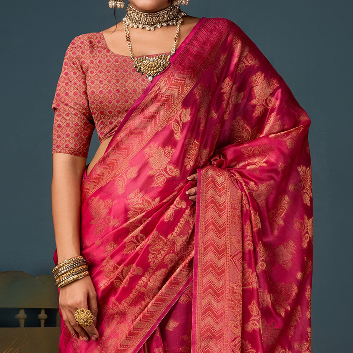 Rani Pink Floral Woven Organza Saree With Tassels