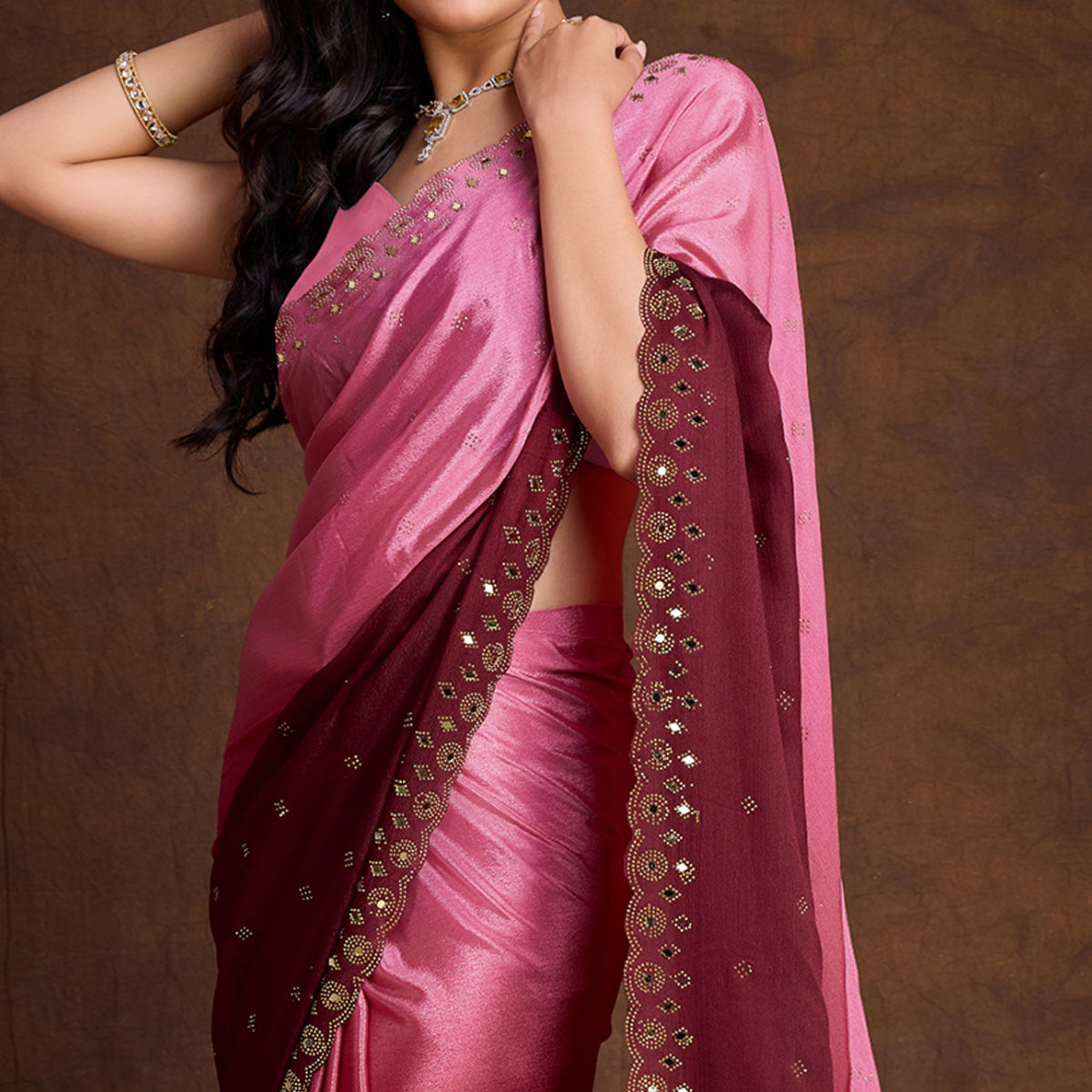 Rose Pink Ombre Chinon Saree With Mirror Border