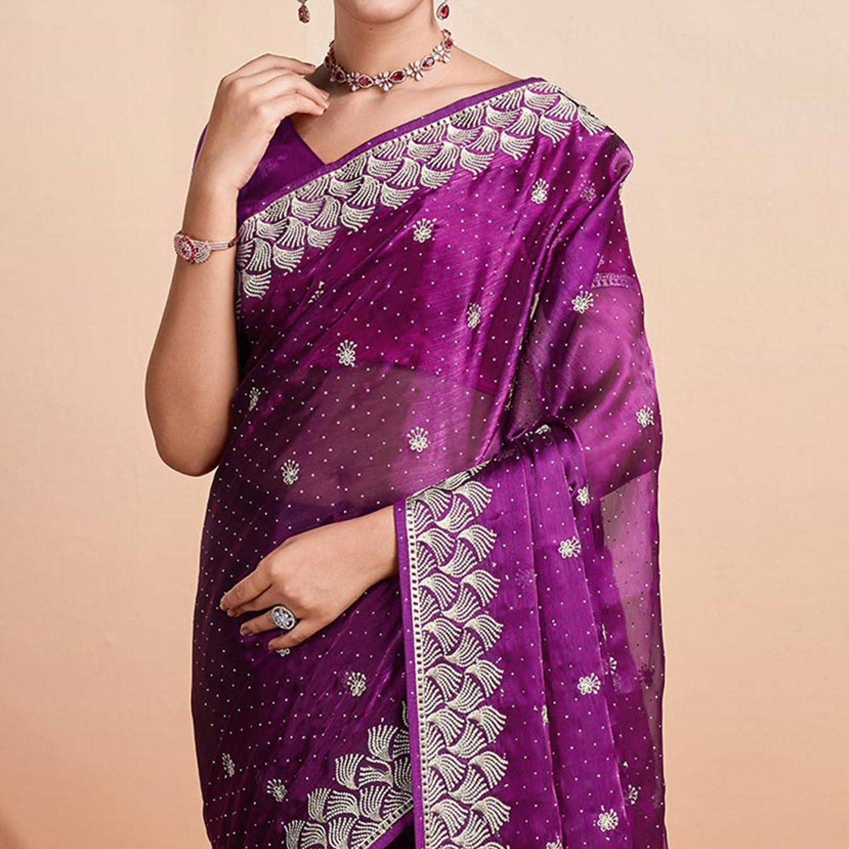 Purple Embroidered Tussar Silk Saree
