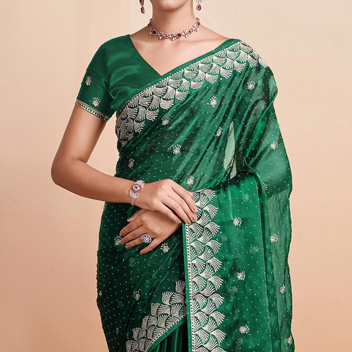 Green Embroidered Tussar Silk Saree - Image 3