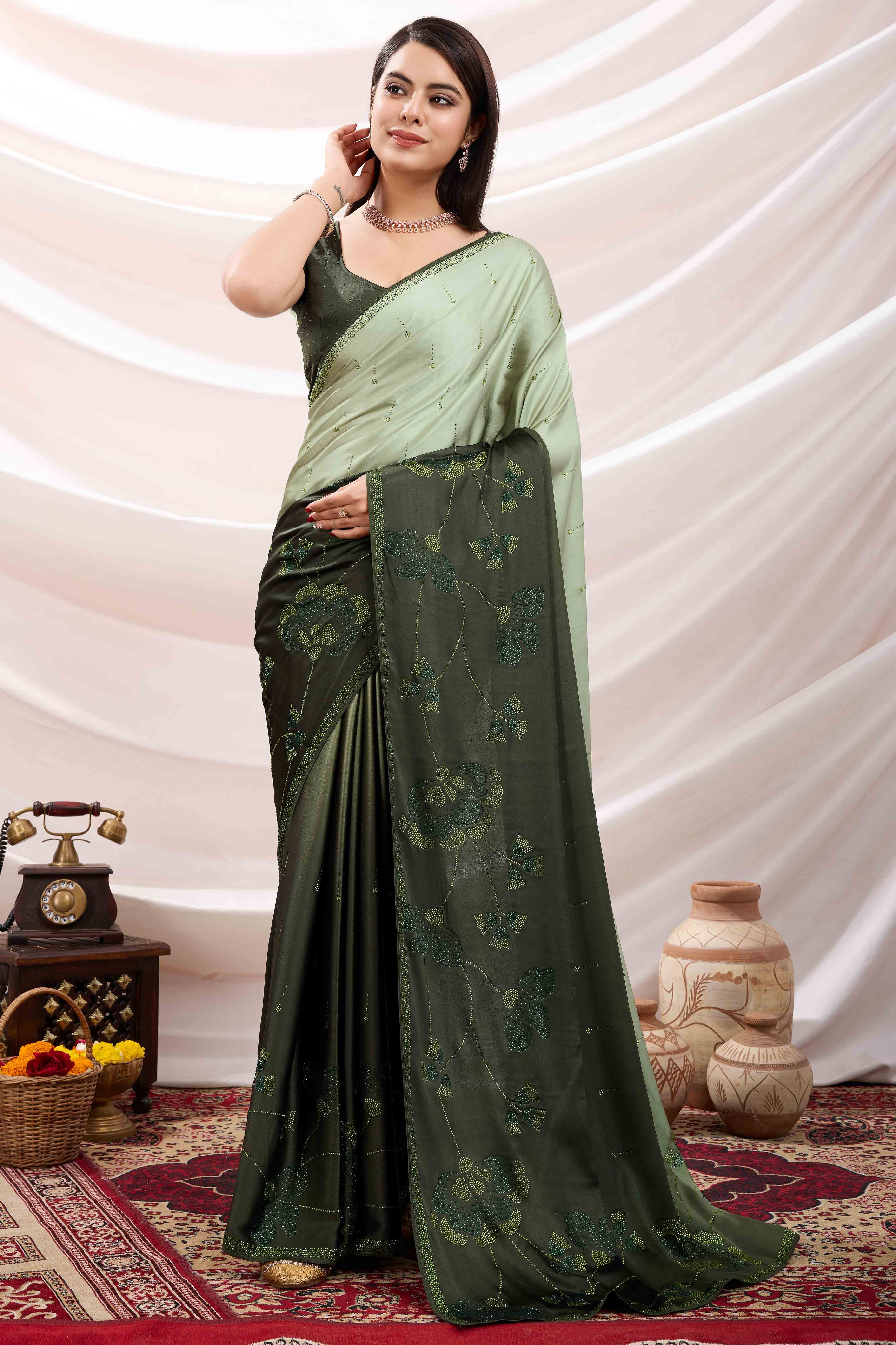 Green Floral Swarovski Work Satin Saree