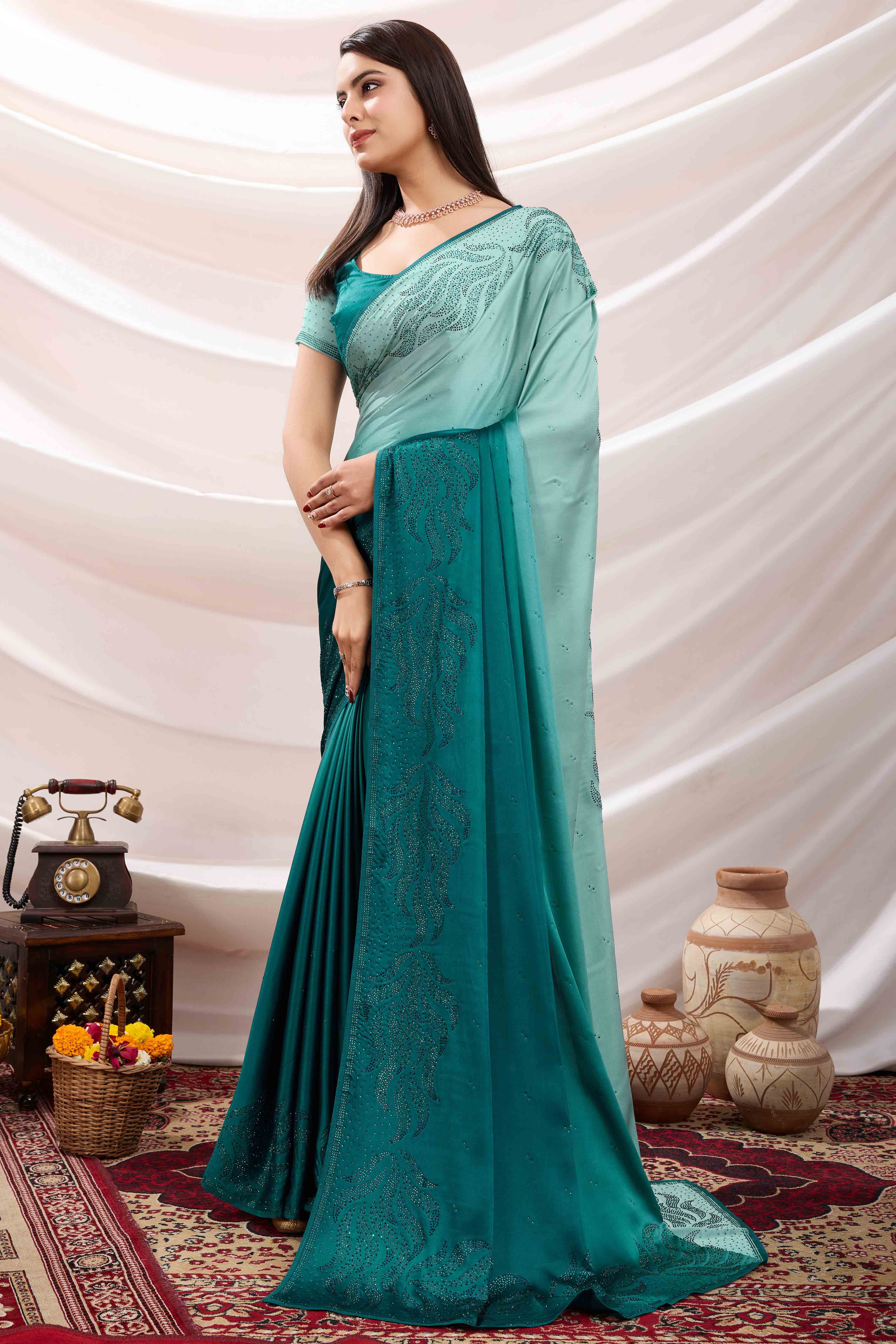 Rama Blue Floral Swarovski Work Satin Saree