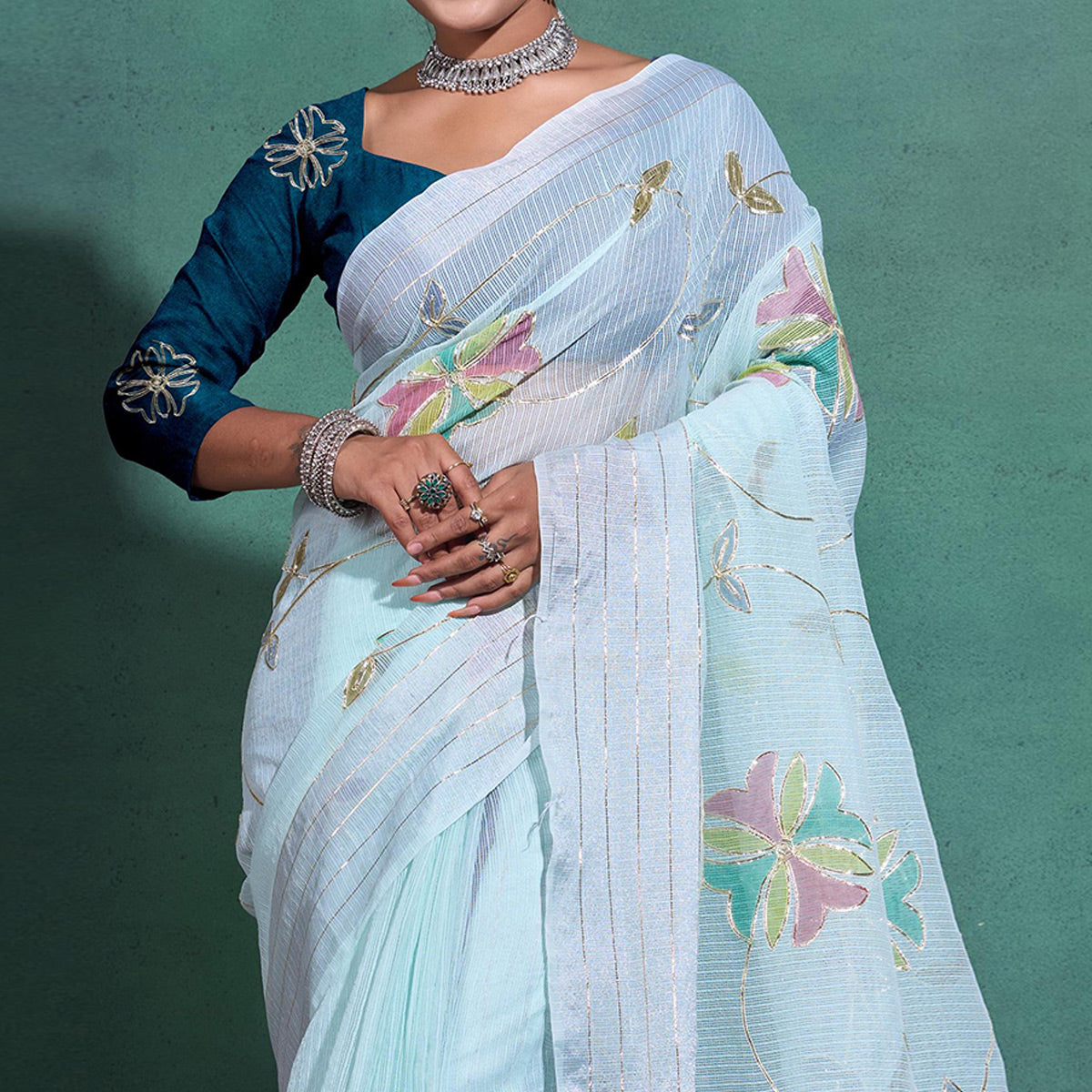 Sea Green Gota patti Embroidered Linen Saree With Tassels
