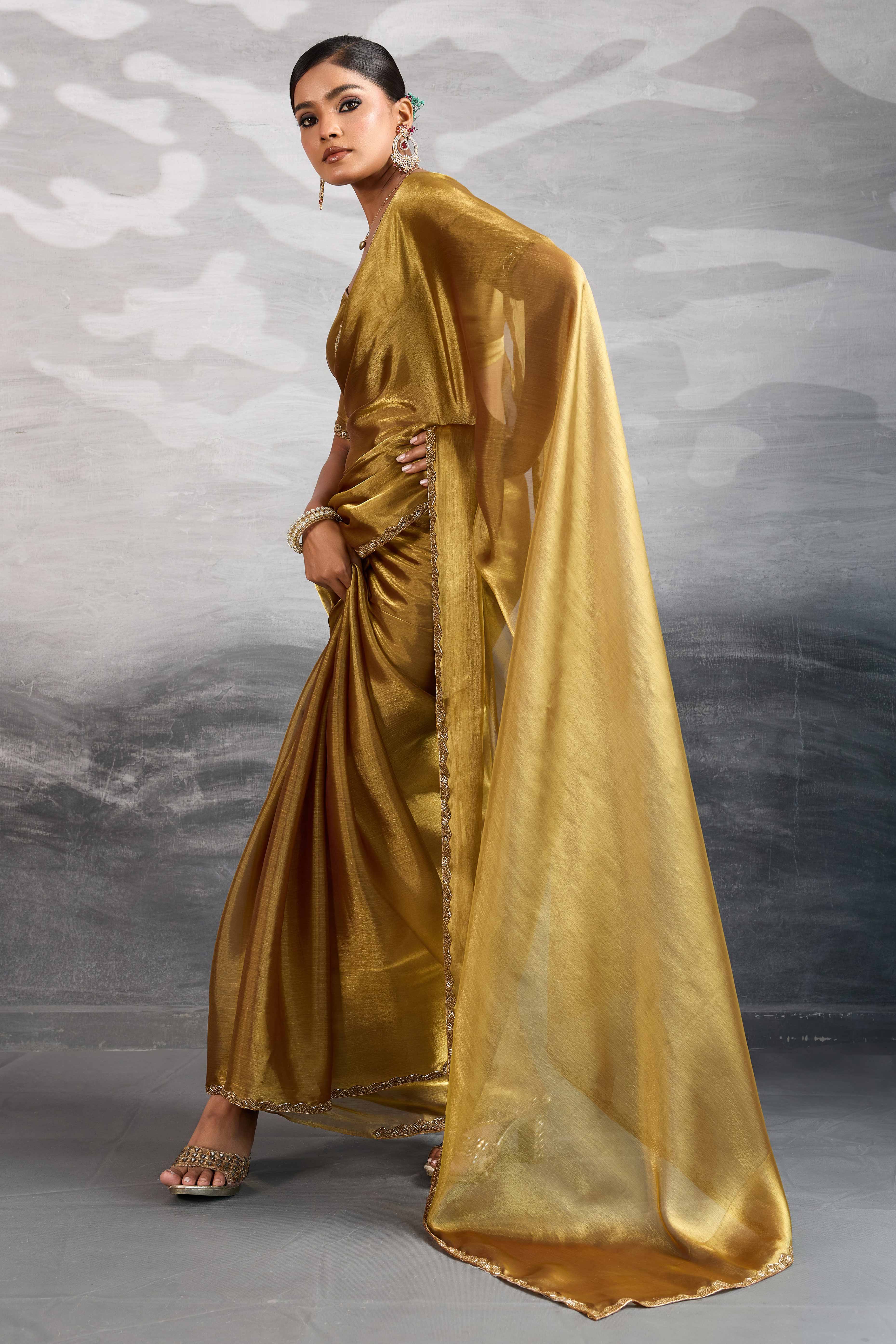 Solid Gold Chiffon Saree Featuring Beads Embellished Border